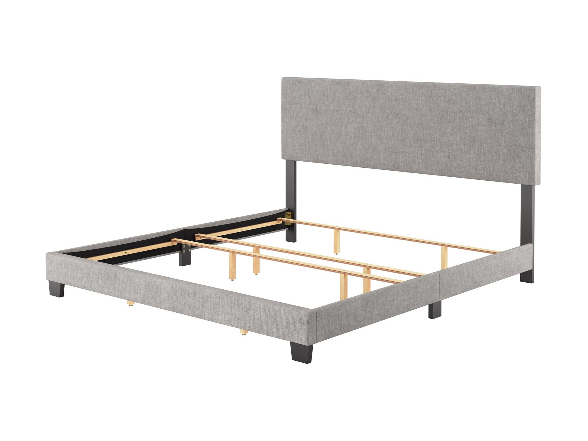 Light grey modern king bed with tufted headboard, upholstered fabric, and sleek wooden legs, perfect for contemporary bedroom decor.