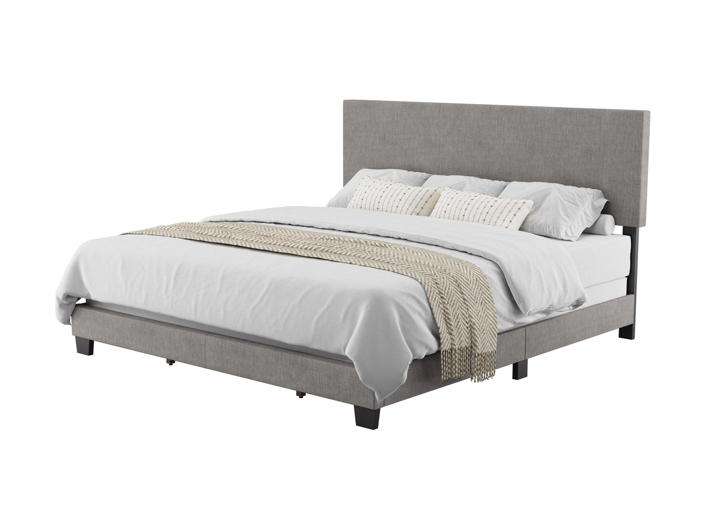 Light grey modern king bed with tufted headboard, upholstered fabric, and sleek wooden legs, perfect for contemporary bedroom decor.