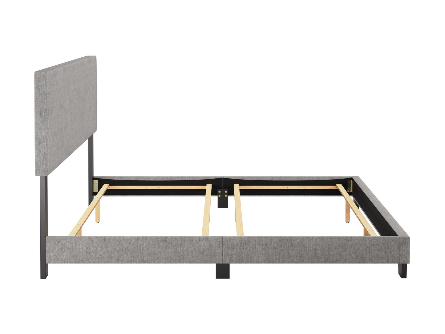 Light grey modern king bed with tufted headboard, upholstered fabric, and sleek wooden legs, perfect for contemporary bedroom decor.