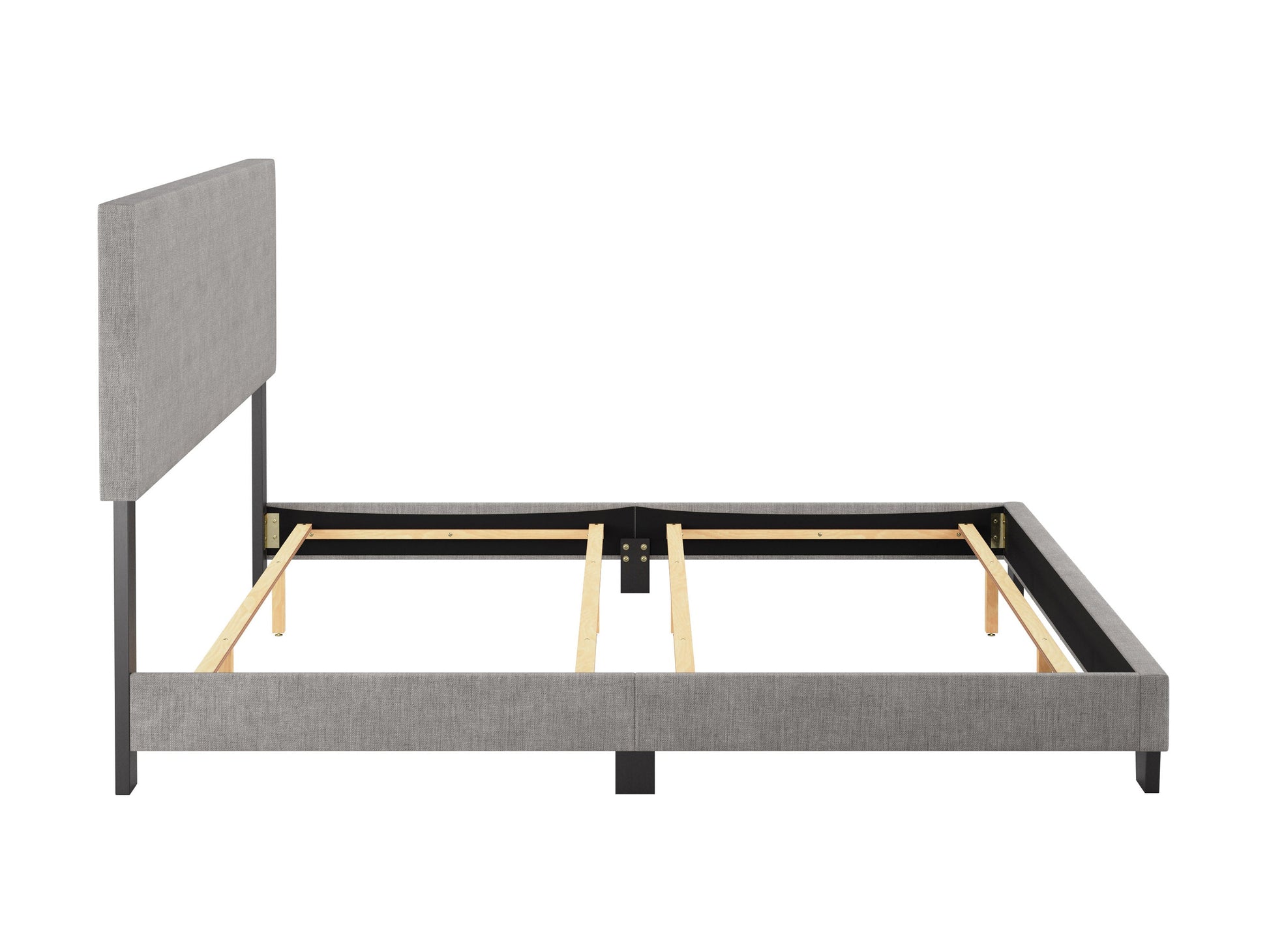 Light grey modern king bed with tufted headboard, upholstered fabric, and sleek wooden legs, perfect for contemporary bedroom decor.