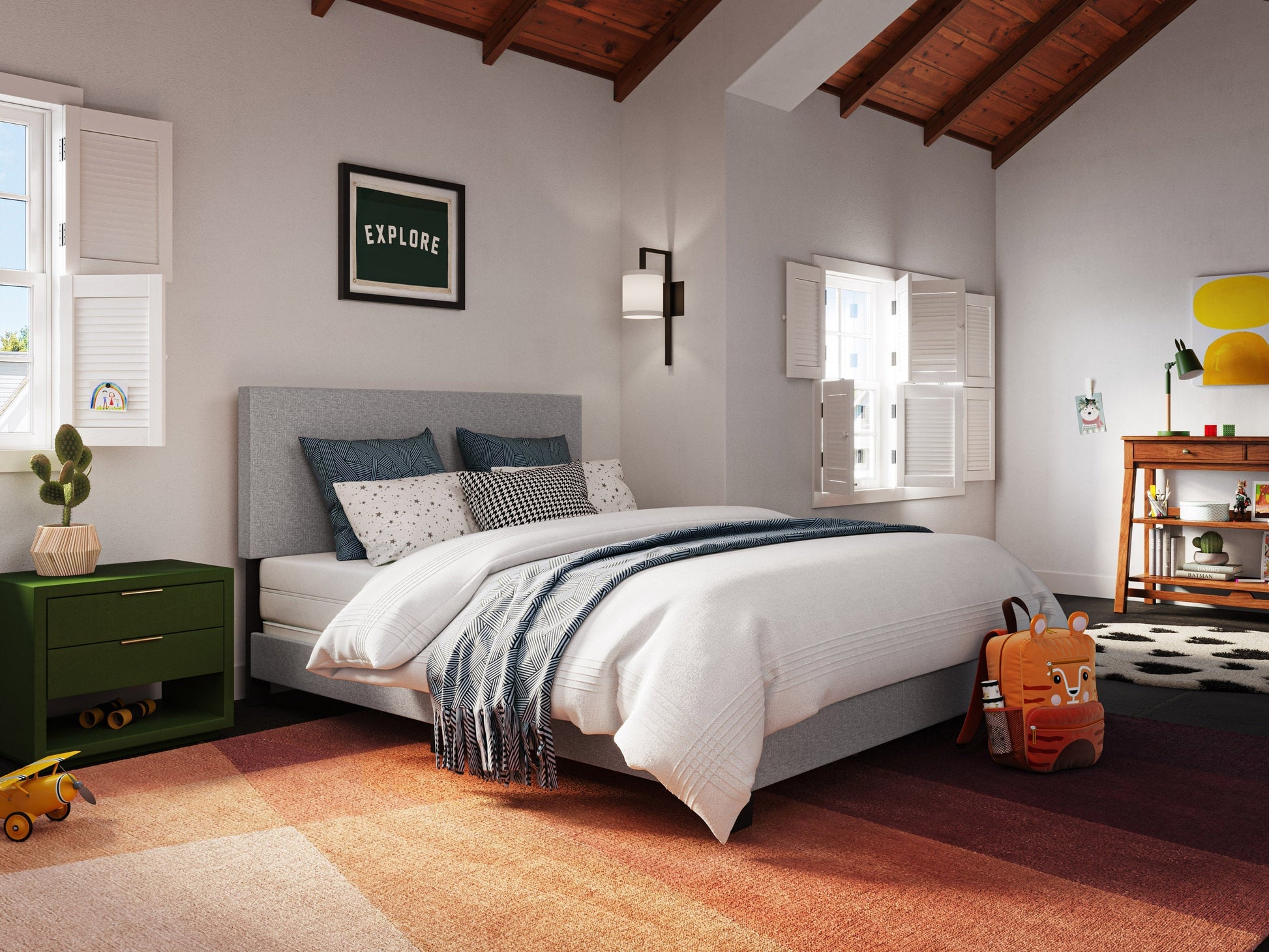 Light grey modern queen bed with upholstered headboard, sleek wooden frame, and minimalist design. Perfect for contemporary bedrooms, offering comfort and stylish elegance.