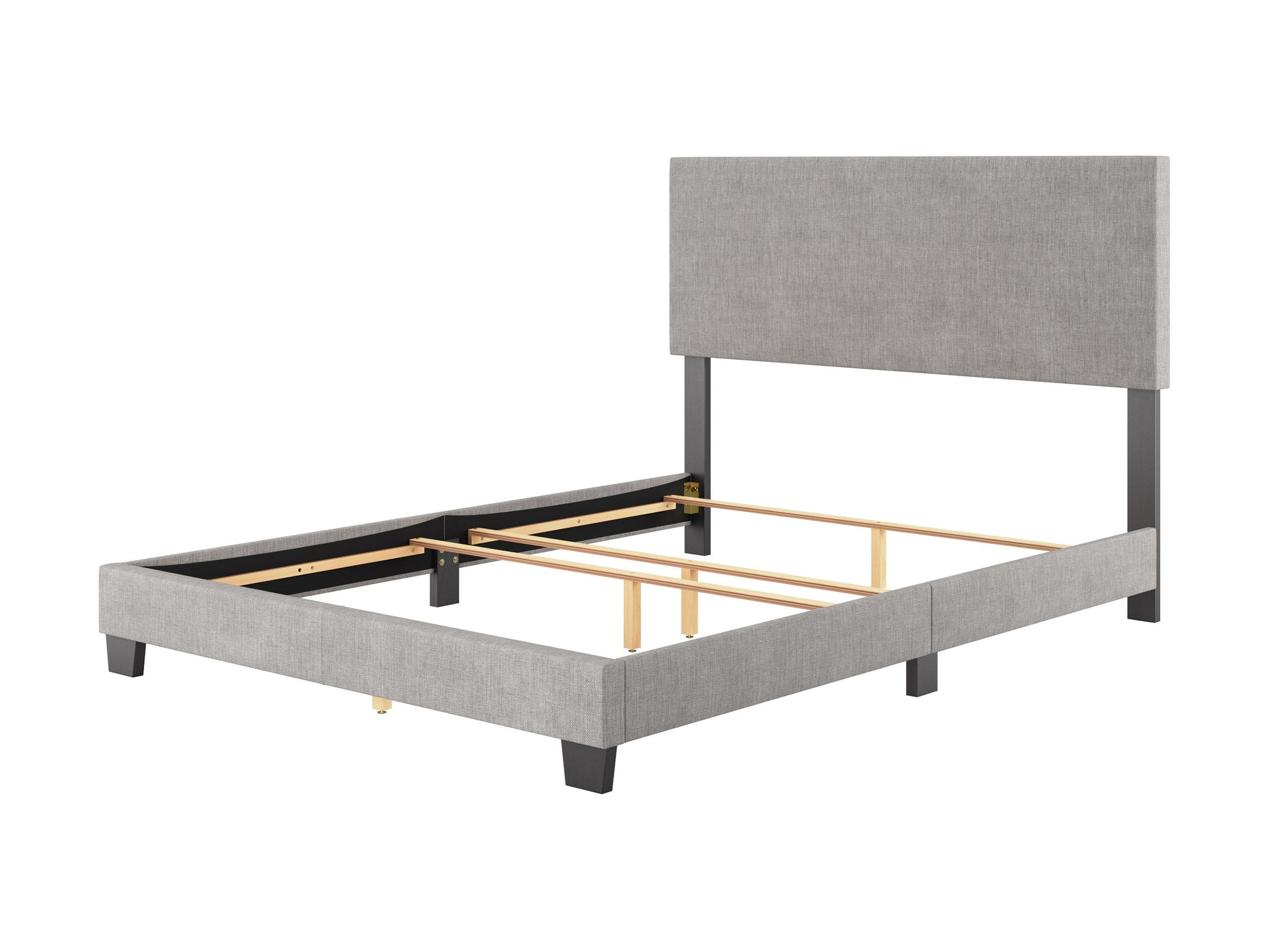 Light grey modern queen bed with upholstered headboard, sleek wooden frame, and minimalist design. Perfect for contemporary bedrooms, offering comfort and stylish elegance.