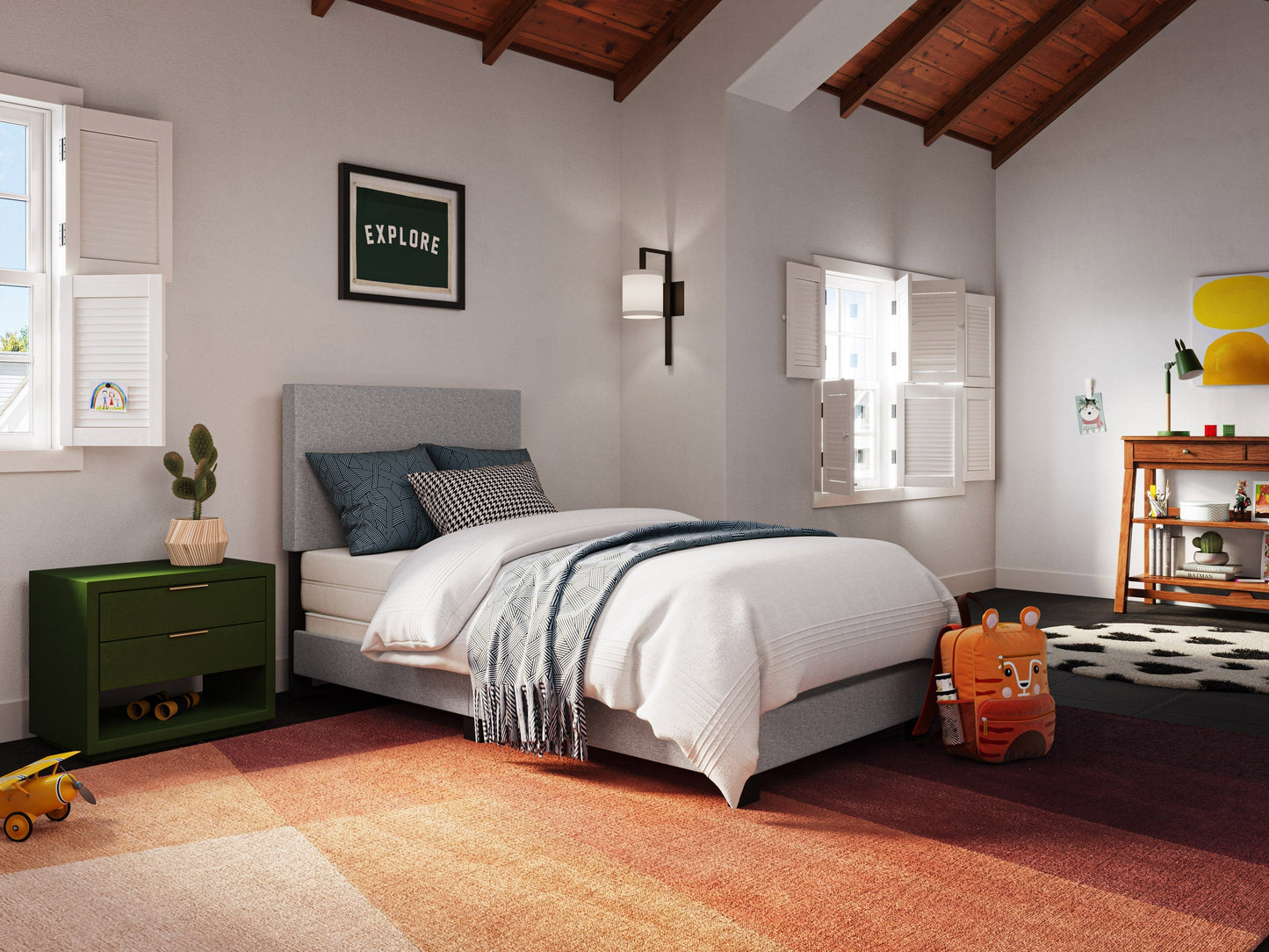 Modern twin/single bed in light grey with a sleek upholstered headboard, minimalist design, and sturdy wooden legs. Ideal for contemporary bedrooms, offering a blend of comfort and style.