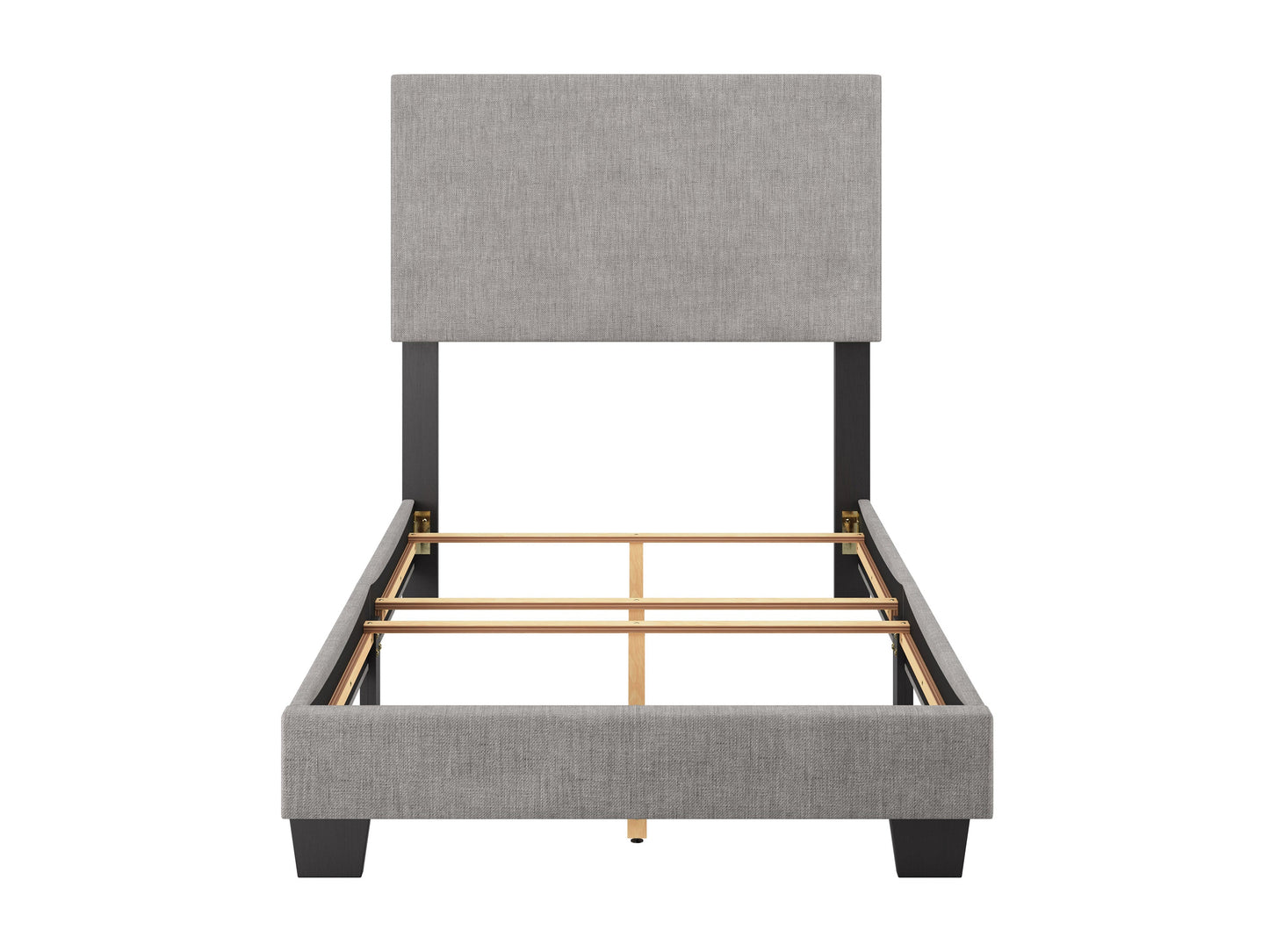 Modern twin/single bed in light grey with a sleek upholstered headboard, minimalist design, and sturdy wooden legs. Ideal for contemporary bedrooms, offering a blend of comfort and style.