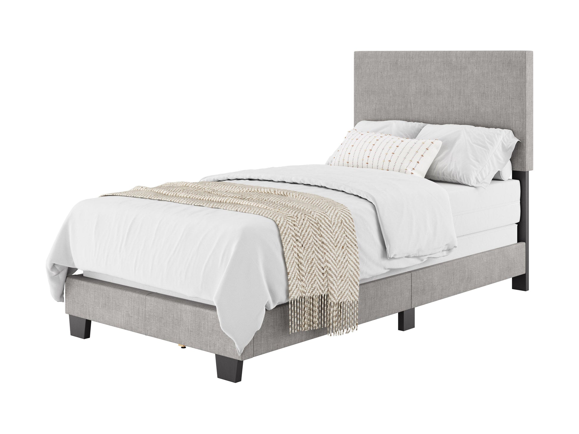 Modern twin/single bed in light grey with a sleek upholstered headboard, minimalist design, and sturdy wooden legs. Ideal for contemporary bedrooms, offering a blend of comfort and style.