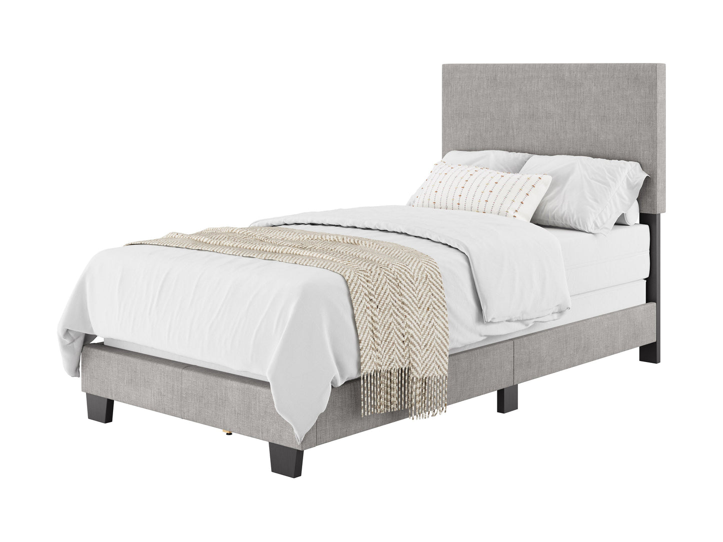 Modern twin/single bed in light grey with a sleek upholstered headboard, minimalist design, and sturdy wooden legs. Ideal for contemporary bedrooms, offering a blend of comfort and style.