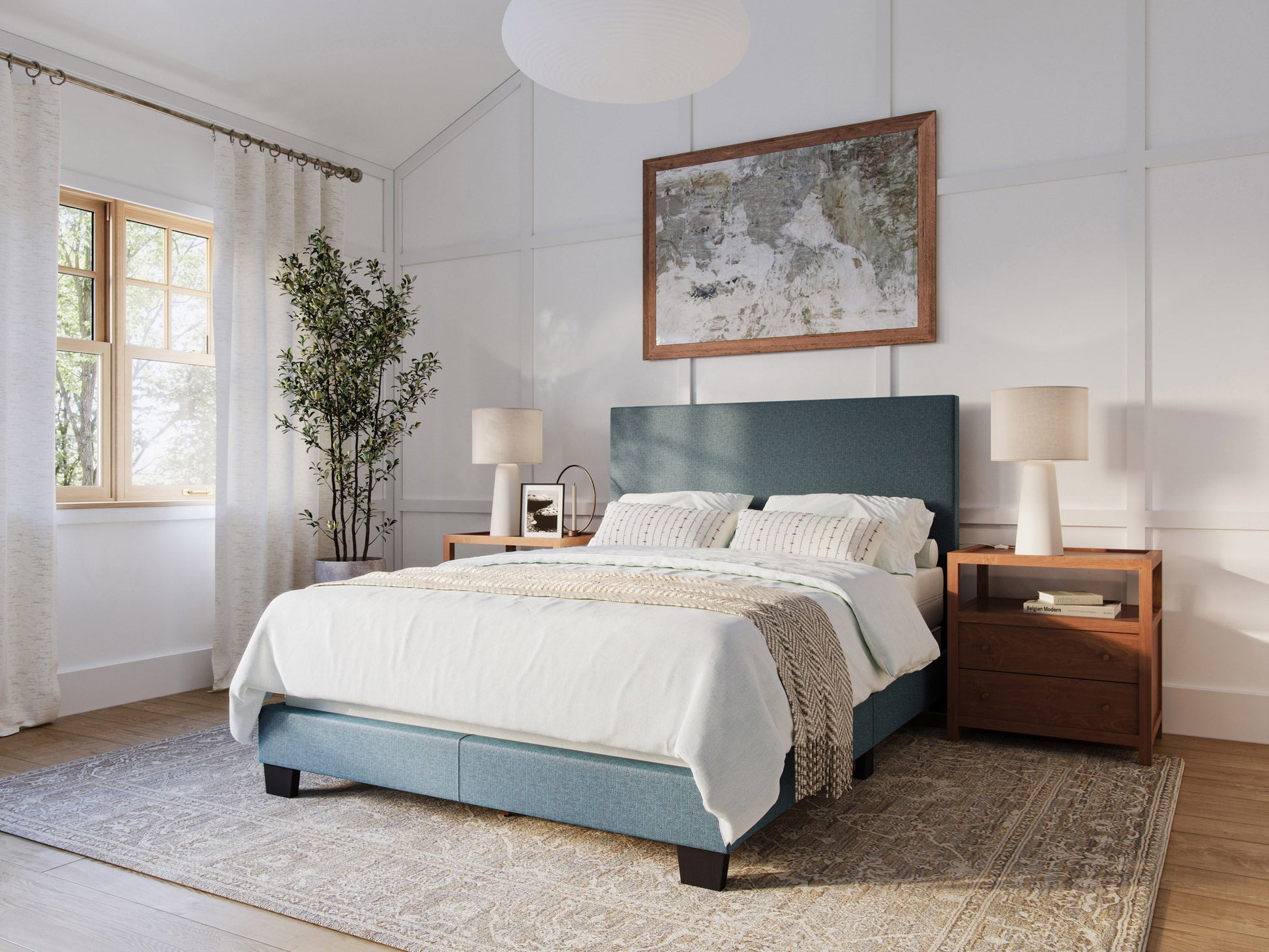 Modern full/double bed with a sleek blue upholstered headboard, minimalist design, and sturdy wooden frame. Ideal for contemporary bedrooms, offering both style and comfort.