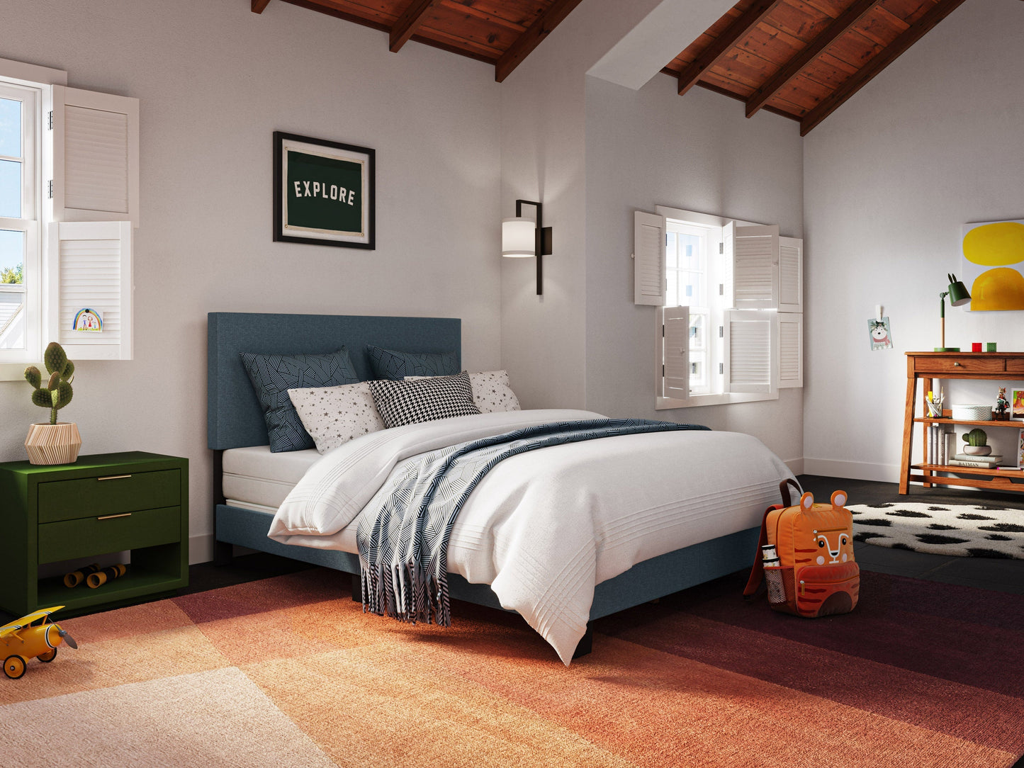 Modern full/double bed with a sleek blue upholstered headboard, minimalist design, and sturdy wooden frame. Ideal for contemporary bedrooms, offering both style and comfort.