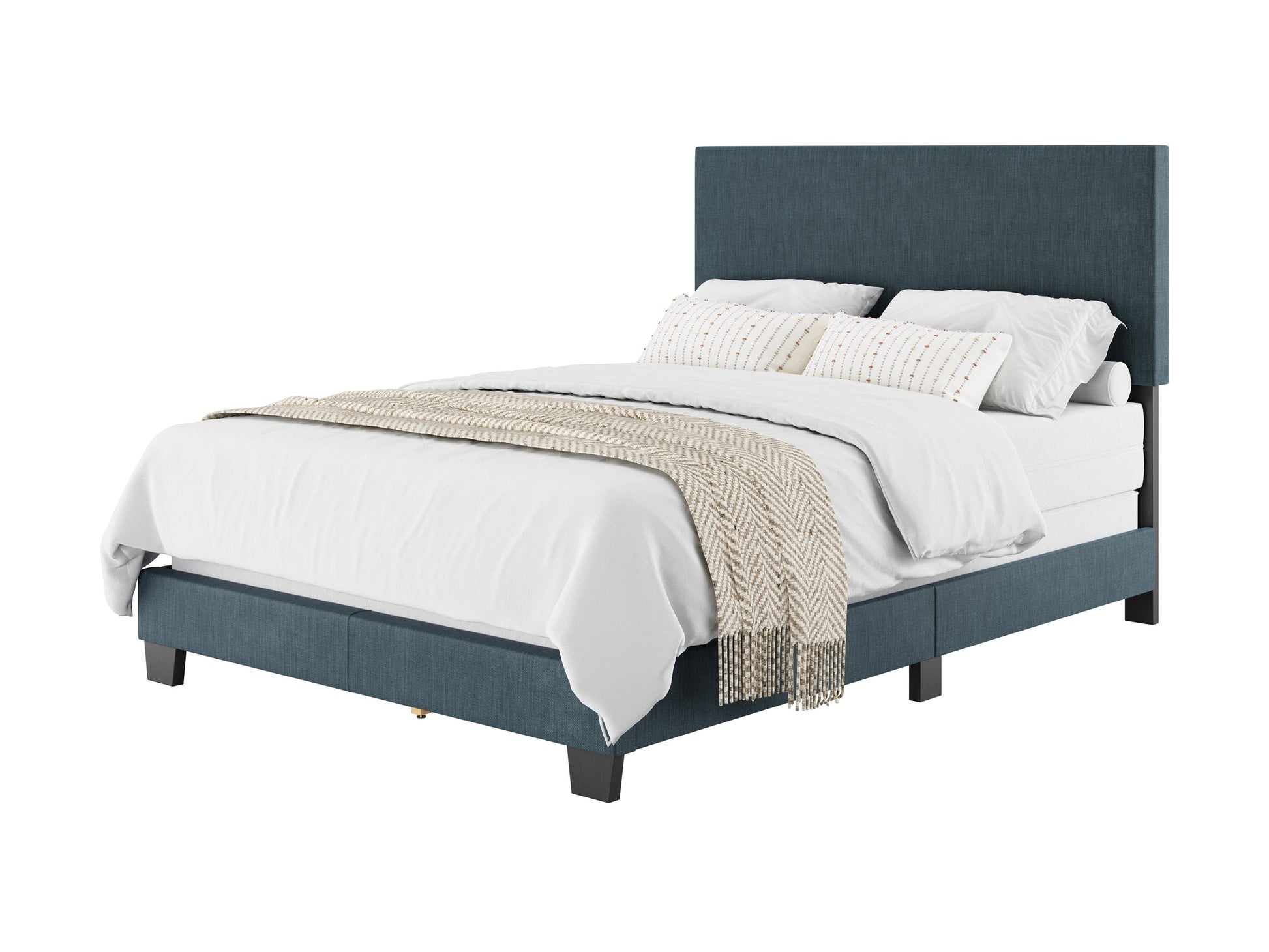 Modern full/double bed with a sleek blue upholstered headboard, minimalist design, and sturdy wooden frame. Ideal for contemporary bedrooms, offering both style and comfort.