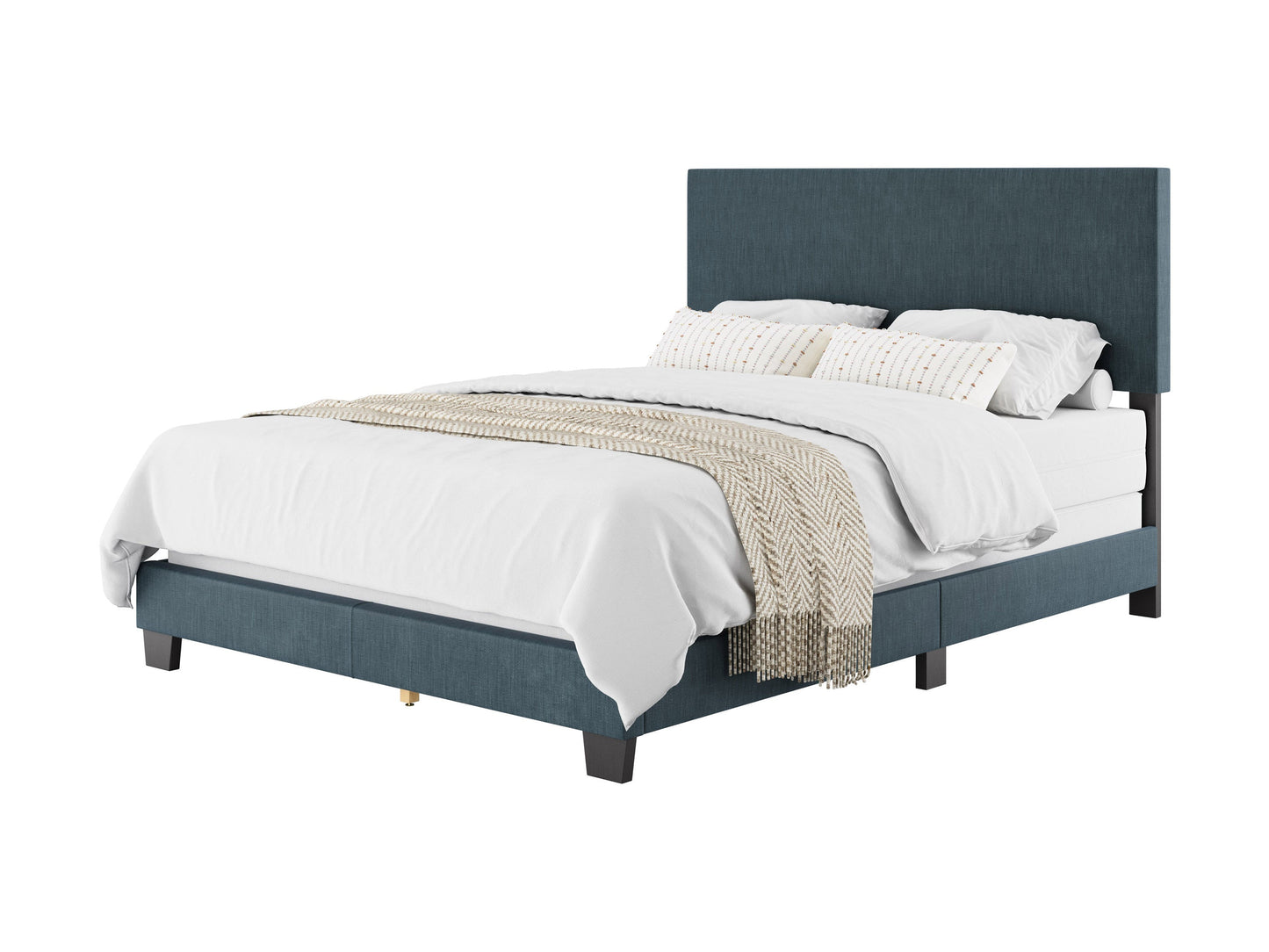 Modern queen bed with blue upholstered headboard, sleek wooden frame, and minimalist design. Features soft fabric texture and sturdy construction, perfect for contemporary bedroom decor.