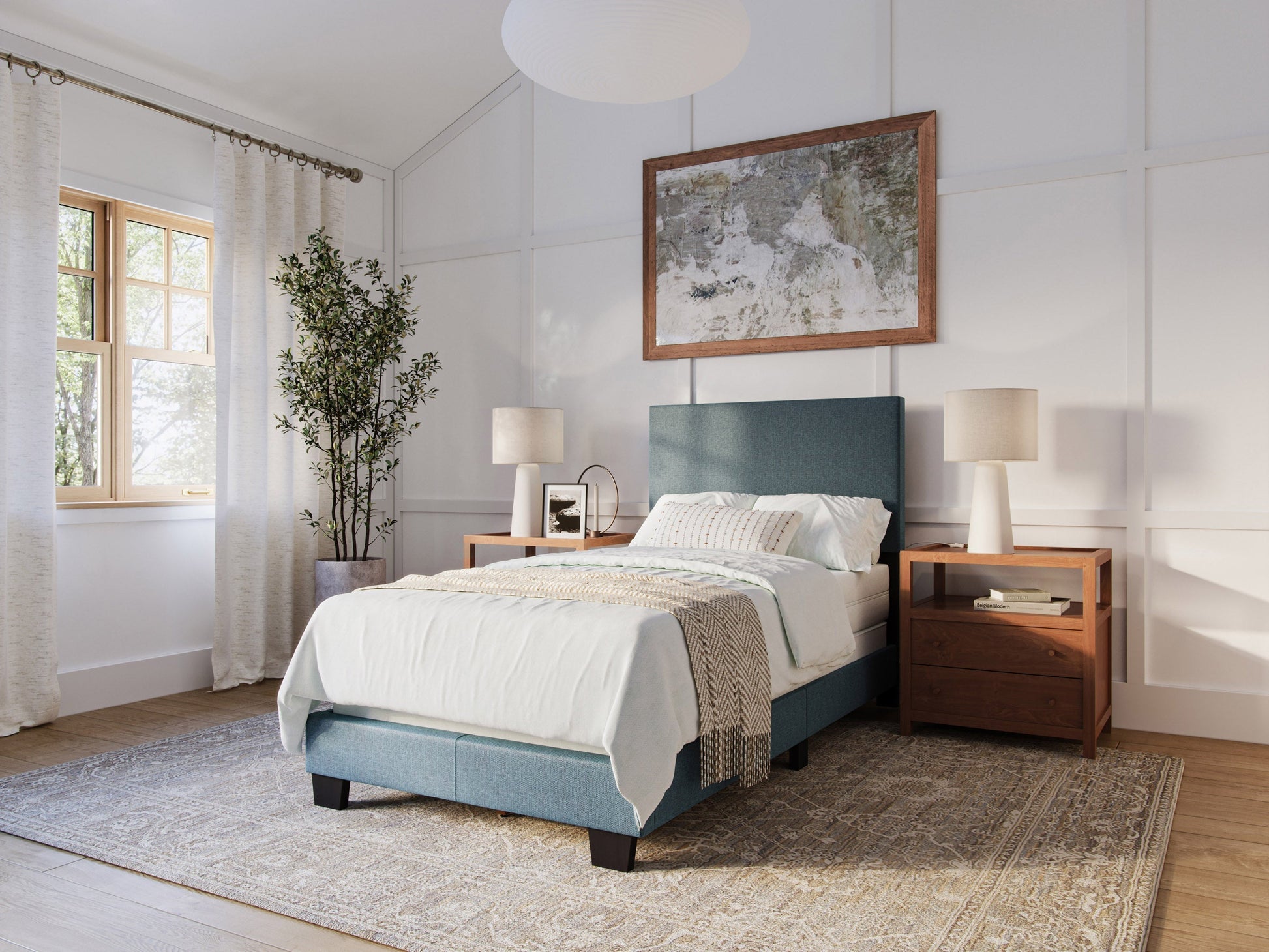 Modern blue twin bed with sleek wooden frame, minimalist design, and plush upholstered headboard, perfect for contemporary bedrooms.