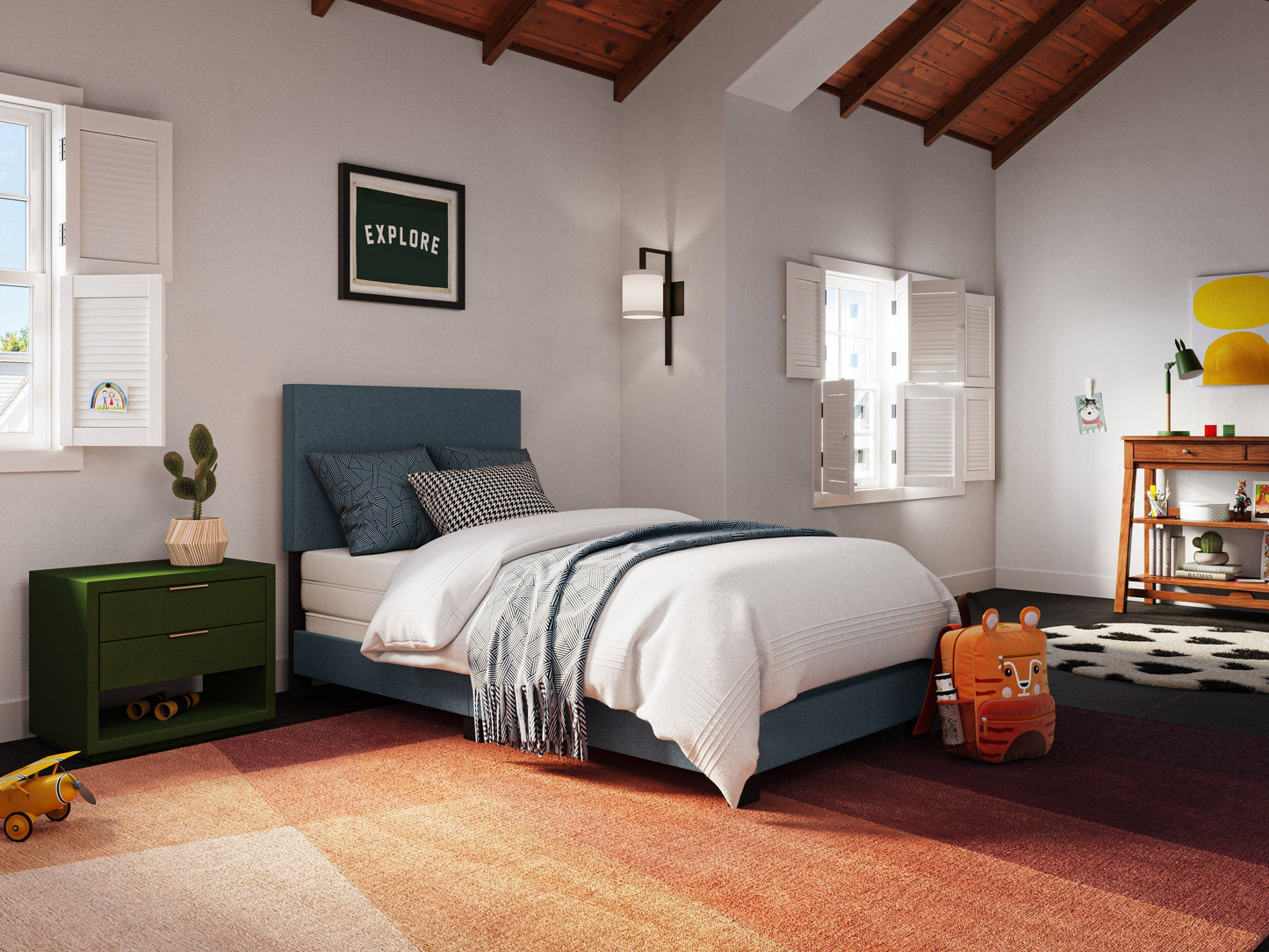 Modern blue twin bed with sleek wooden frame, minimalist design, and plush upholstered headboard, perfect for contemporary bedrooms.