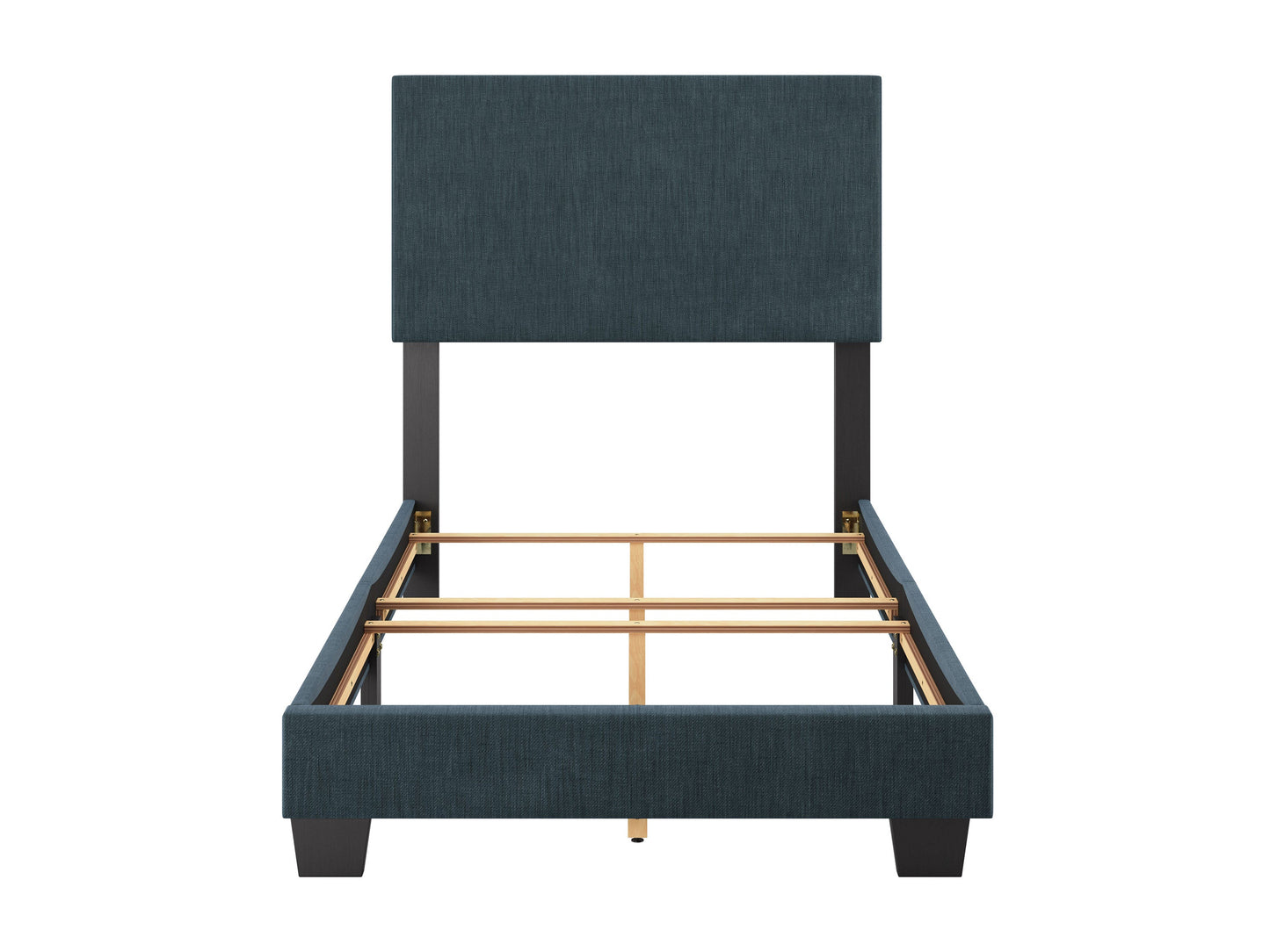 Modern blue twin bed with sleek wooden frame, minimalist design, and plush upholstered headboard, perfect for contemporary bedrooms.