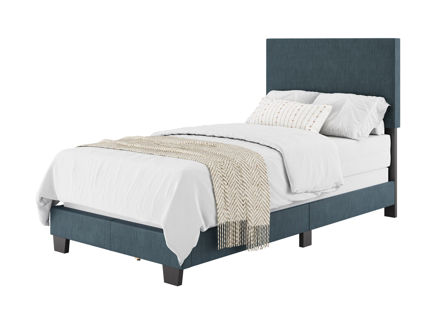 Modern blue twin bed with sleek wooden frame, minimalist design, and plush upholstered headboard, perfect for contemporary bedrooms.
