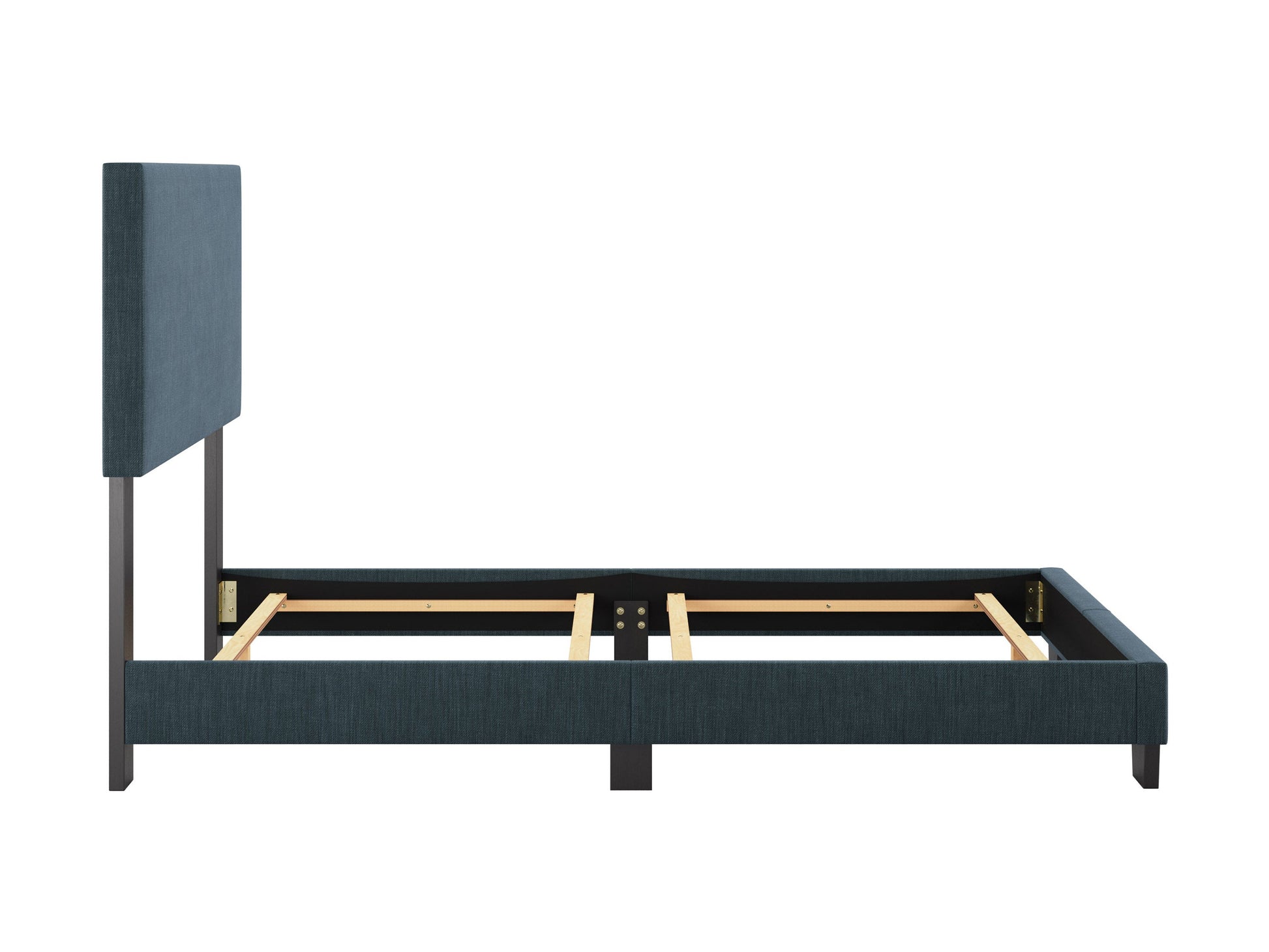 Modern blue twin bed with sleek wooden frame, minimalist design, and plush upholstered headboard, perfect for contemporary bedrooms.