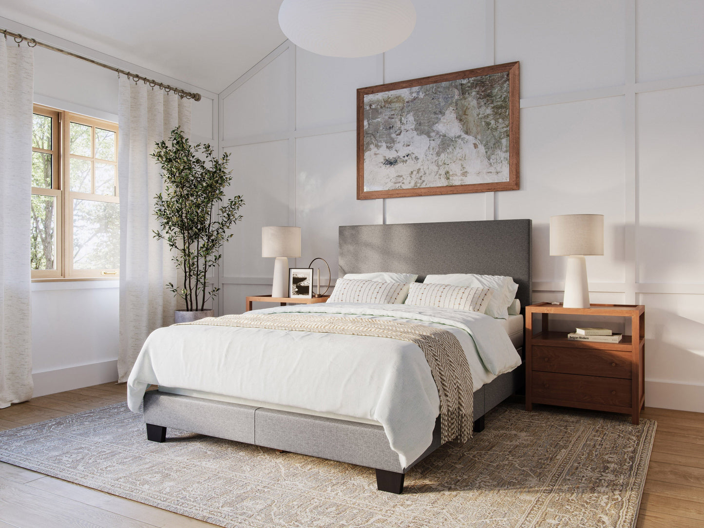 Modern grey full/double bed with upholstered headboard, sleek wooden frame, and minimalist design. Ideal for contemporary bedrooms, this bed features clean lines and a stylish, neutral grey fabric.