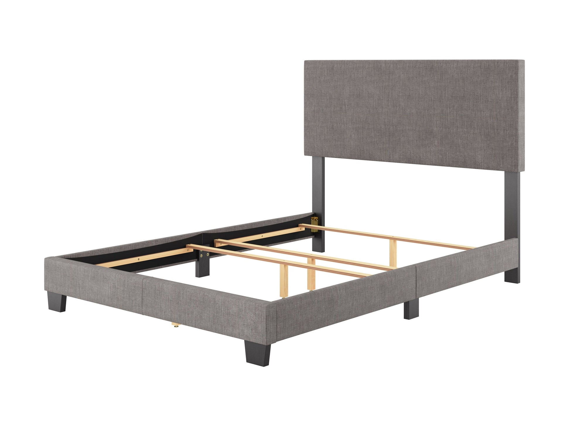 Modern grey full/double bed with upholstered headboard, sleek wooden frame, and minimalist design. Ideal for contemporary bedrooms, this bed features clean lines and a stylish, neutral grey fabric.