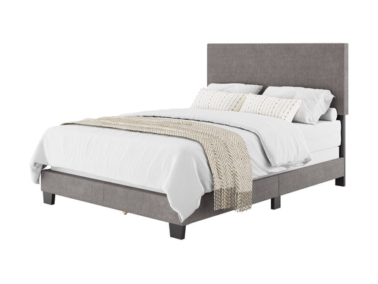 Modern grey full/double bed with upholstered headboard, sleek wooden frame, and minimalist design. Ideal for contemporary bedrooms, this bed features clean lines and a stylish, neutral grey fabric.
