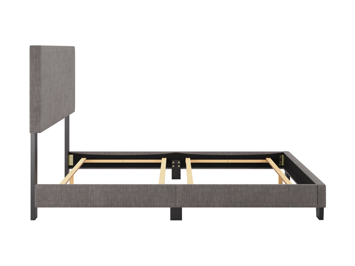 Modern grey full/double bed with upholstered headboard, sleek wooden frame, and minimalist design. Ideal for contemporary bedrooms, this bed features clean lines and a stylish, neutral grey fabric.