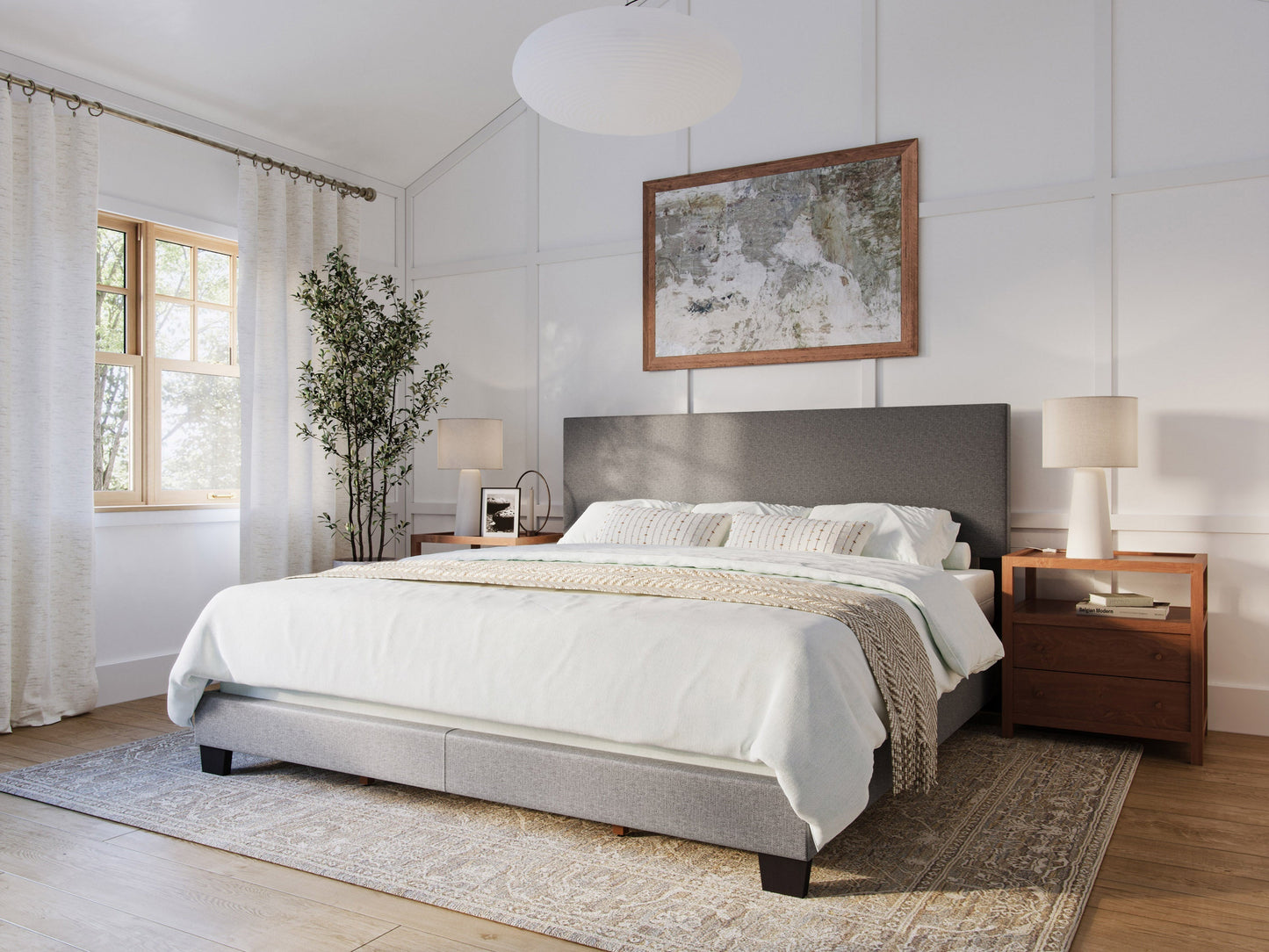 Modern king bed with sleek grey upholstered headboard, minimalist design, and sturdy wooden frame. Features a low-profile base, soft fabric texture, and contemporary style perfect for modern bedrooms.