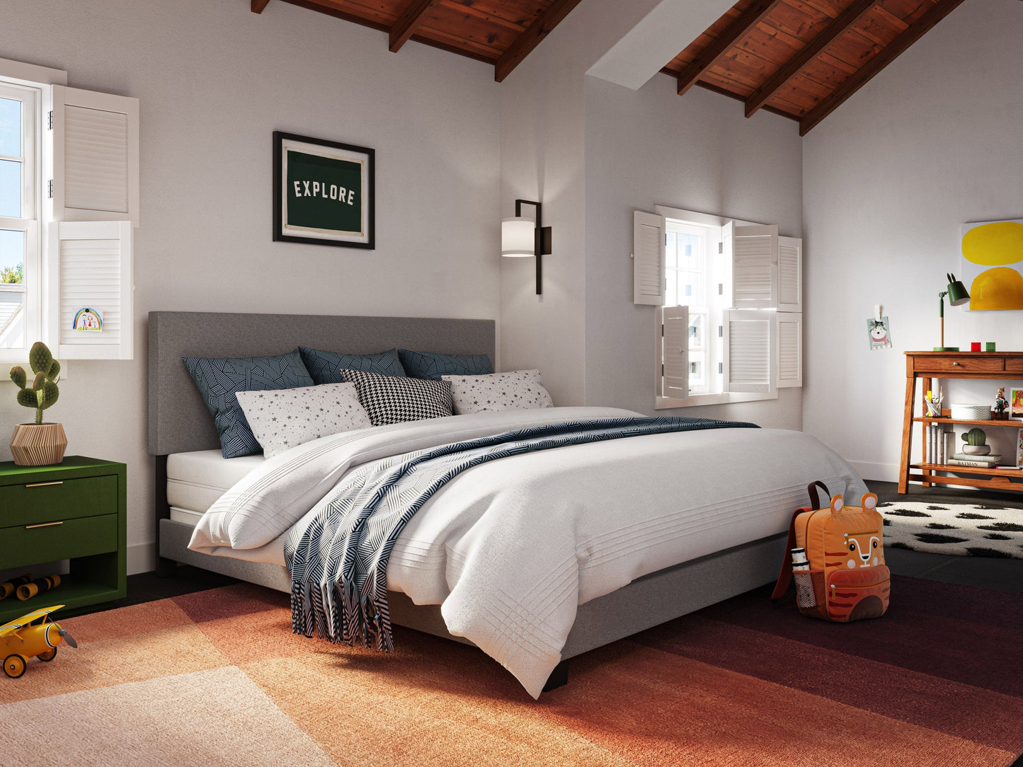 Modern king bed with sleek grey upholstered headboard, minimalist design, and sturdy wooden frame. Features a low-profile base, soft fabric texture, and contemporary style perfect for modern bedrooms.