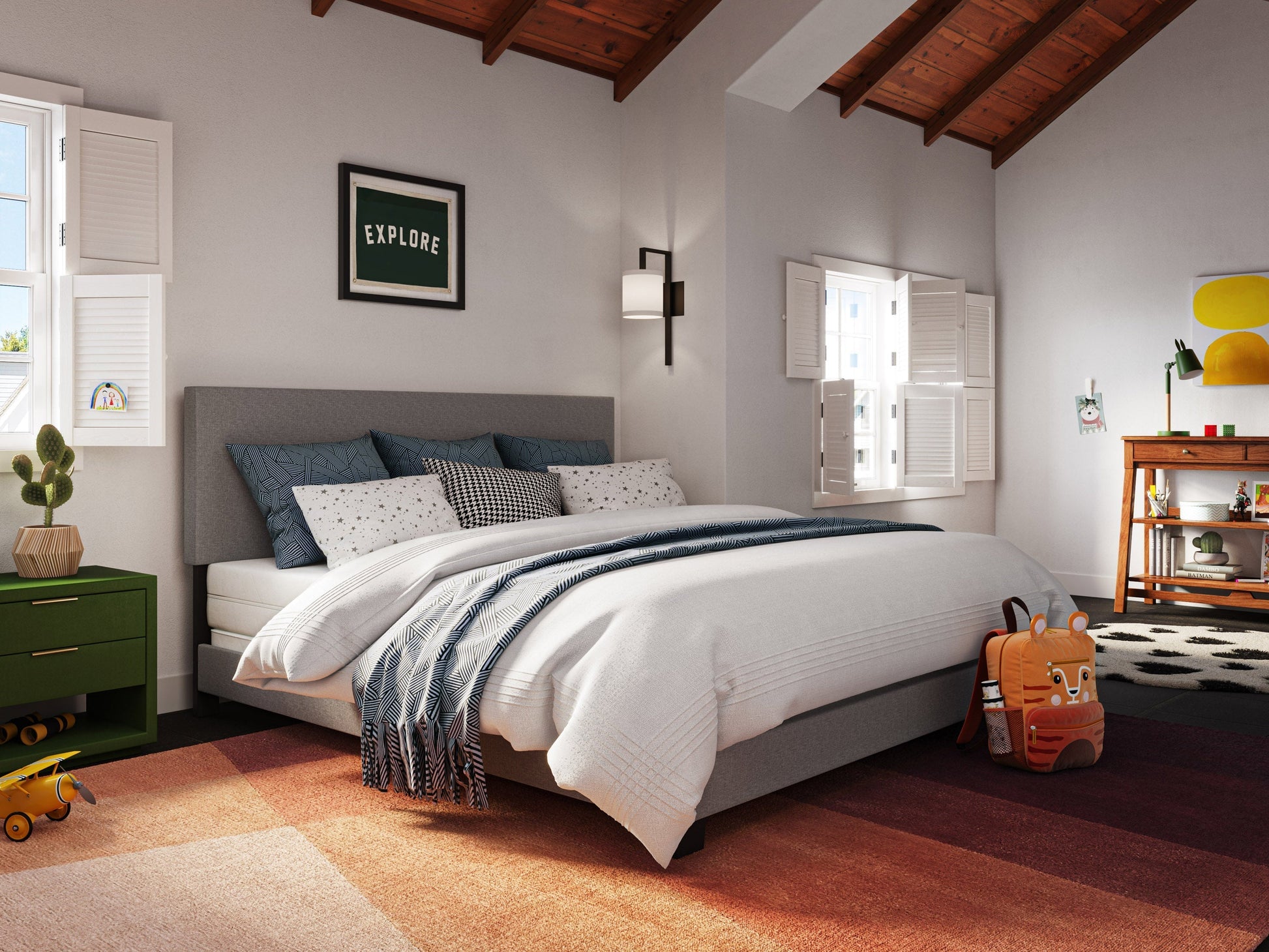 Modern king bed with sleek grey upholstered headboard, minimalist design, and sturdy wooden frame. Features a low-profile base, soft fabric texture, and contemporary style perfect for modern bedrooms.