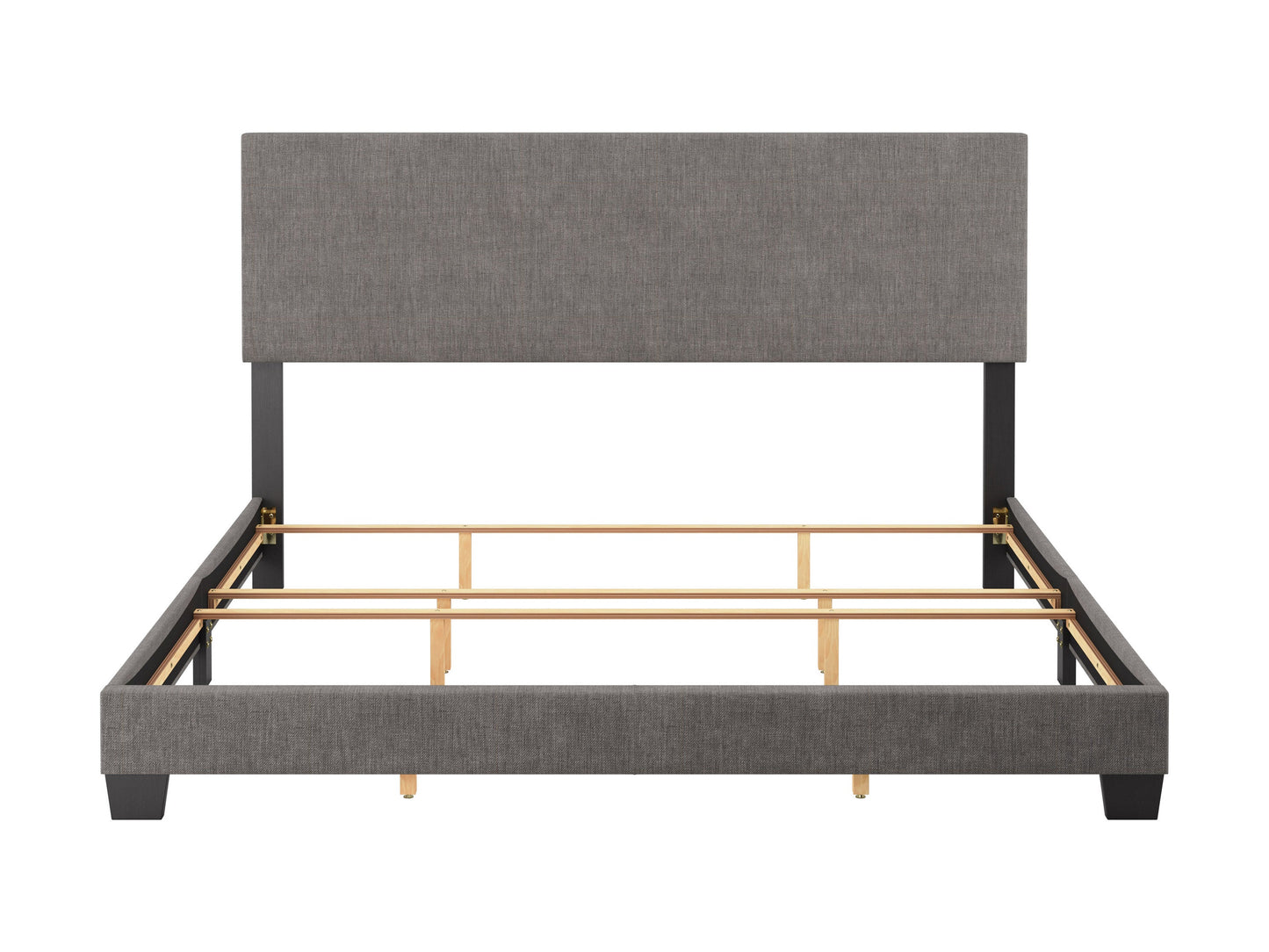 Modern king bed with sleek grey upholstered headboard, minimalist design, and sturdy wooden frame. Features a low-profile base, soft fabric texture, and contemporary style perfect for modern bedrooms.