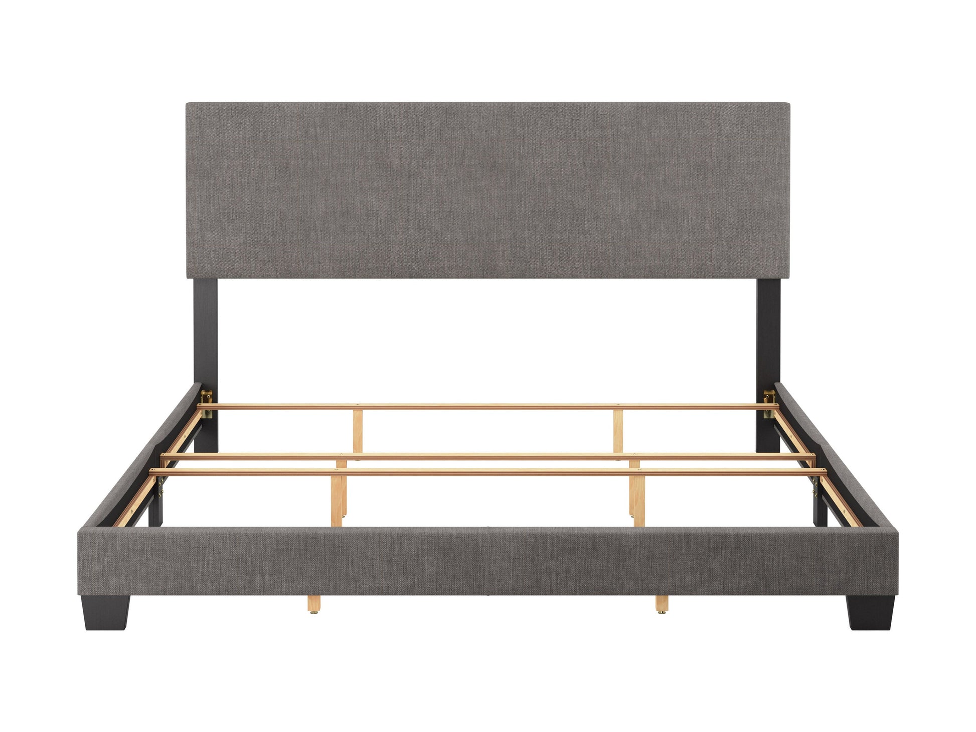 Modern king bed with sleek grey upholstered headboard, minimalist design, and sturdy wooden frame. Features a low-profile base, soft fabric texture, and contemporary style perfect for modern bedrooms.
