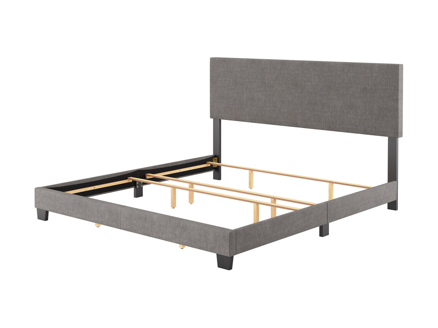 Modern king bed with sleek grey upholstered headboard, minimalist design, and sturdy wooden frame. Features a low-profile base, soft fabric texture, and contemporary style perfect for modern bedrooms.