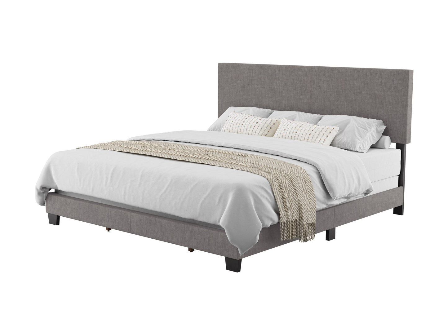 Modern king bed with sleek grey upholstered headboard, minimalist design, and sturdy wooden frame. Features a low-profile base, soft fabric texture, and contemporary style perfect for modern bedrooms.