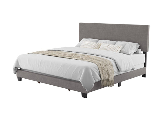 Modern king bed with sleek grey upholstered headboard, minimalist design, and sturdy wooden frame. Features a low-profile base, soft fabric texture, and contemporary style perfect for modern bedrooms.