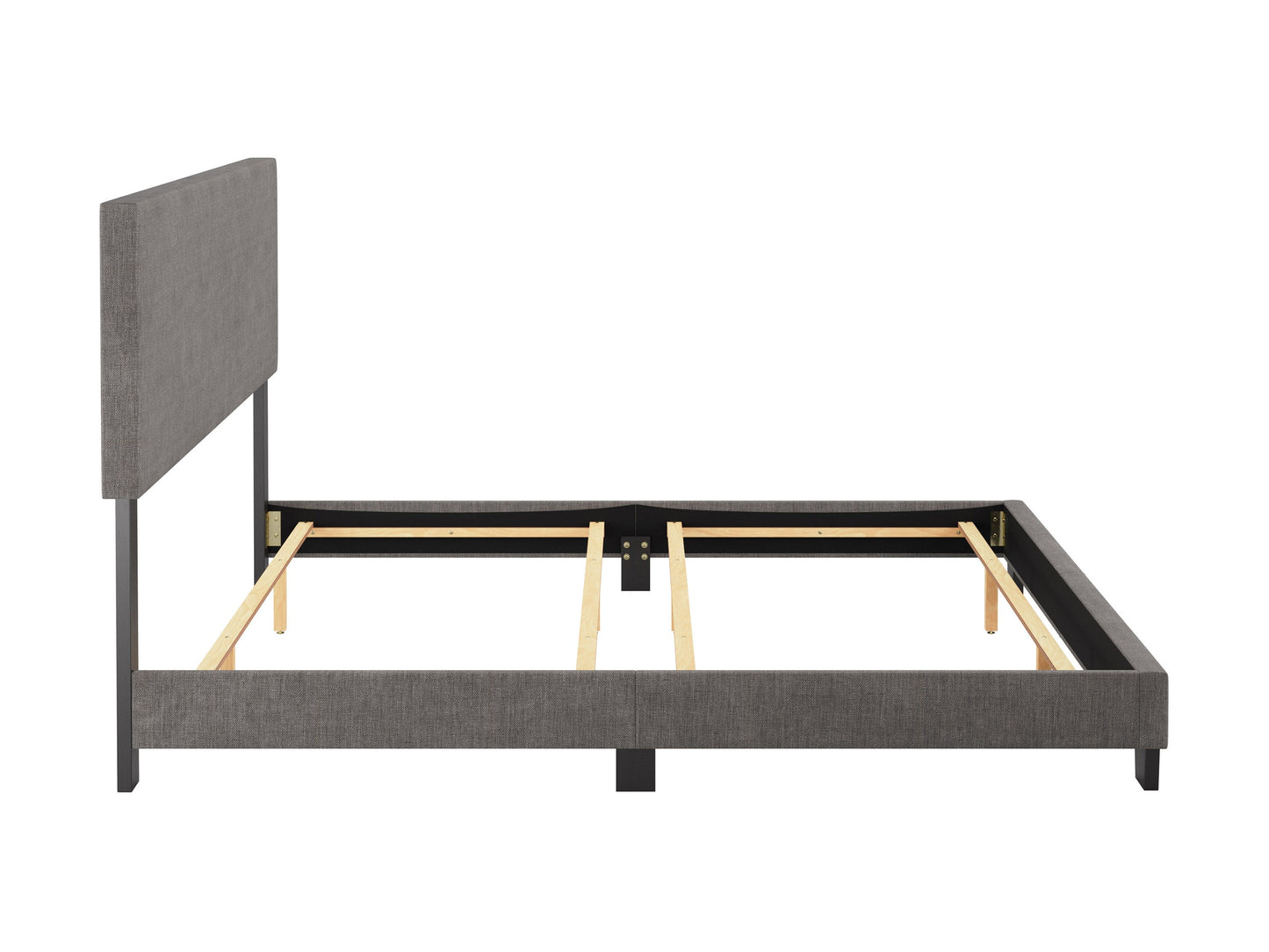 Modern king bed with sleek grey upholstered headboard, minimalist design, and sturdy wooden frame. Features a low-profile base, soft fabric texture, and contemporary style perfect for modern bedrooms.