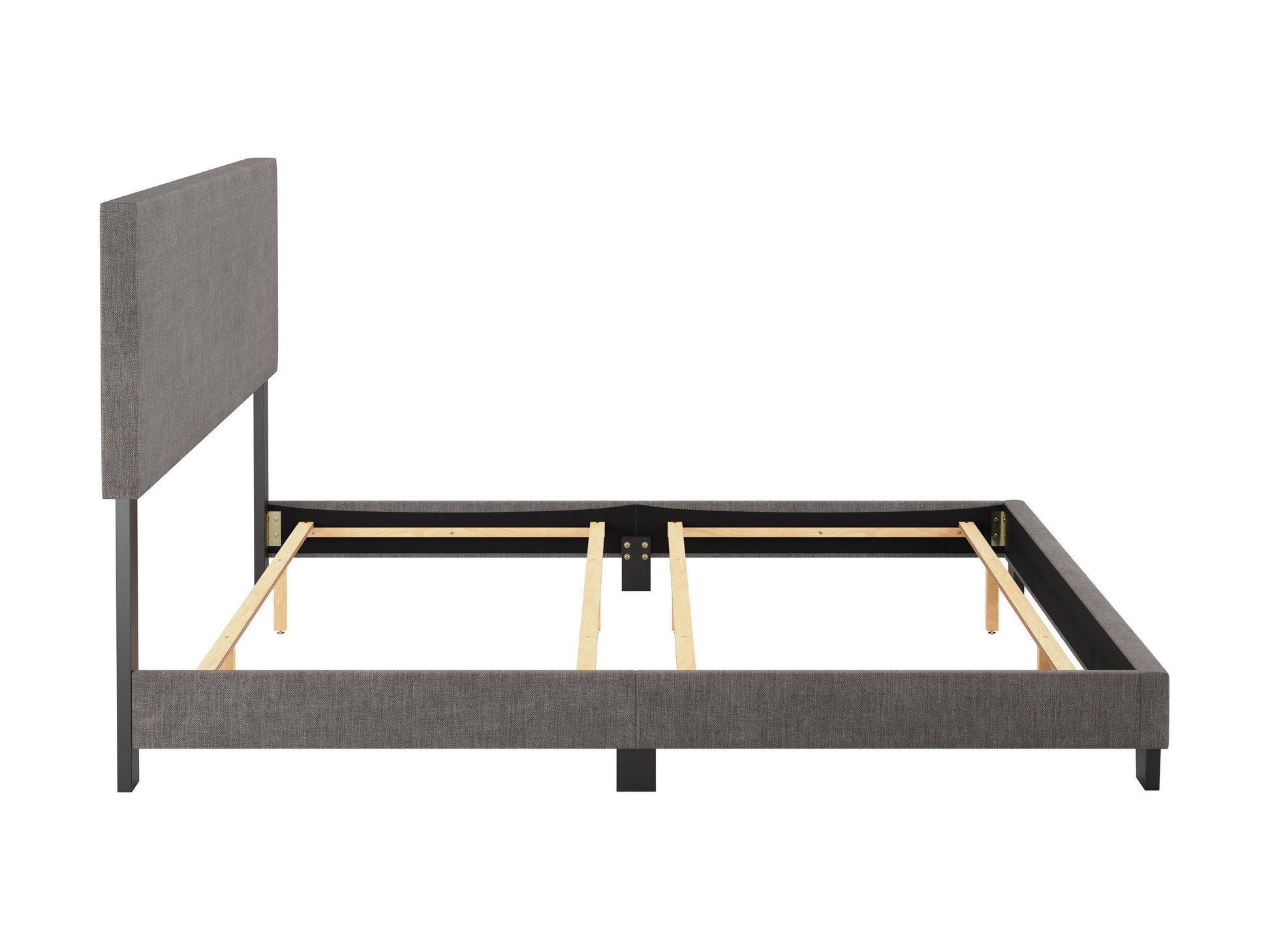 Modern king bed with sleek grey upholstered headboard, minimalist design, and sturdy wooden frame. Features a low-profile base, soft fabric texture, and contemporary style perfect for modern bedrooms.