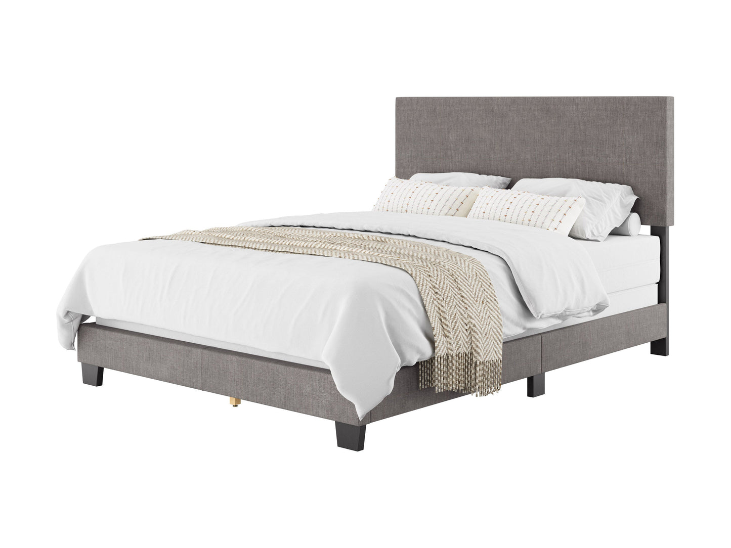 Grey modern queen bed with upholstered headboard, sleek wooden frame, and minimalist design, perfect for contemporary bedrooms.