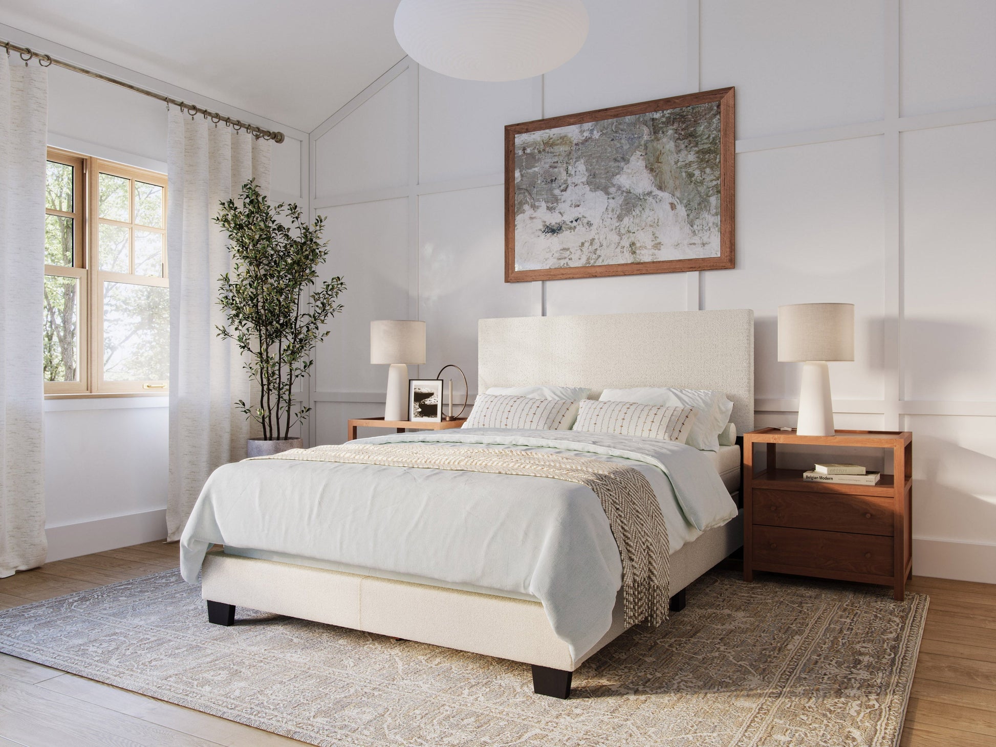 Cream boucle double/full bed with wooden legs, tufted headboard, and soft textured fabric, ideal for modern bedroom decor.