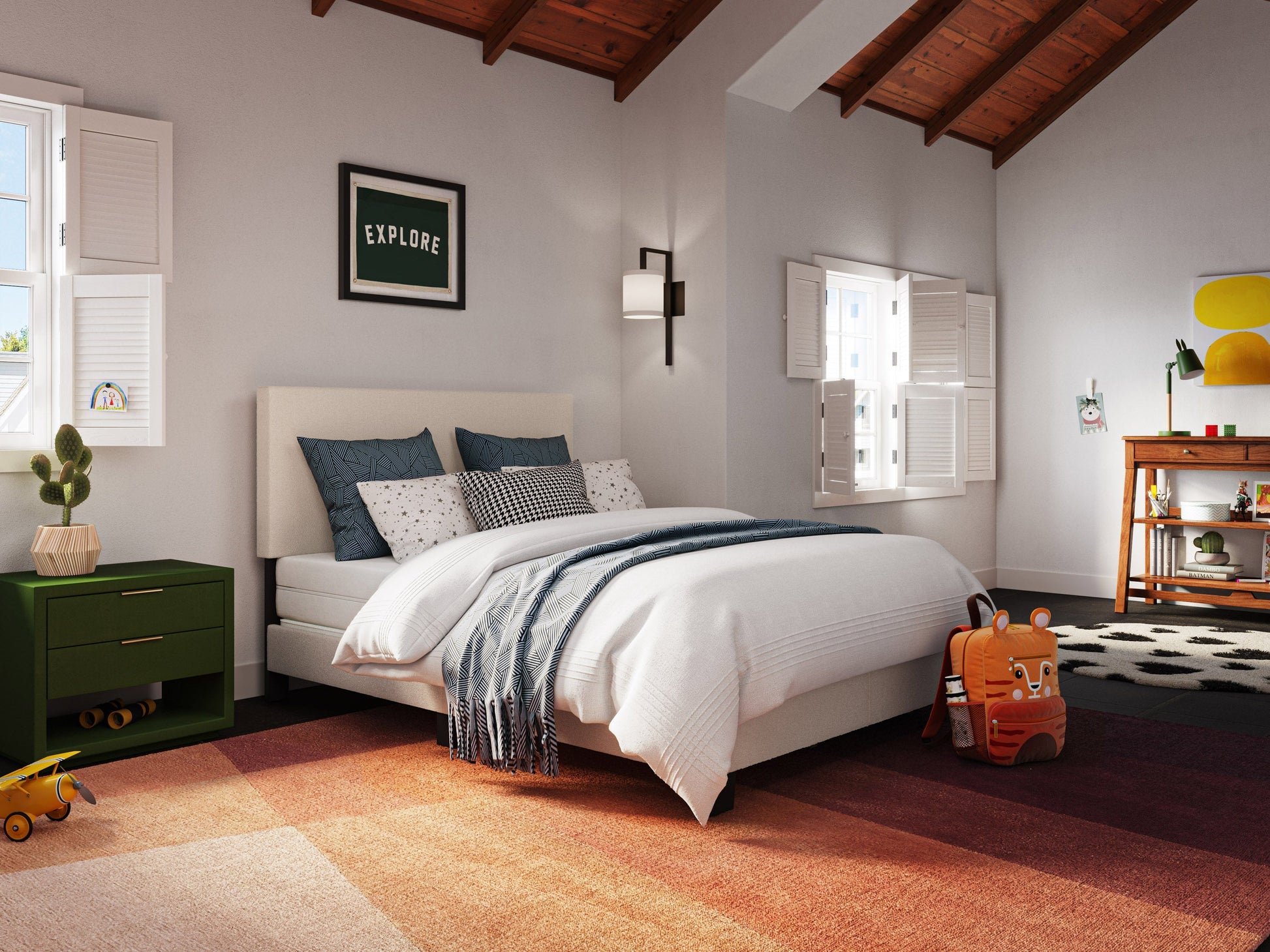 Cream boucle double/full bed with wooden legs, tufted headboard, and soft textured fabric, ideal for modern bedroom decor.