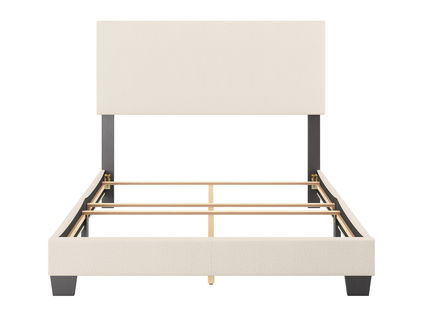 Cream boucle double/full bed with wooden legs, tufted headboard, and soft textured fabric, ideal for modern bedroom decor.