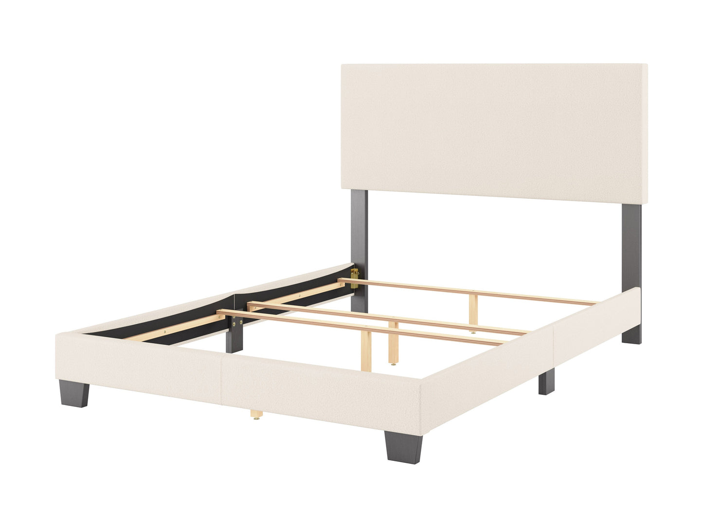 Cream boucle double/full bed with wooden legs, tufted headboard, and soft textured fabric, ideal for modern bedroom decor.