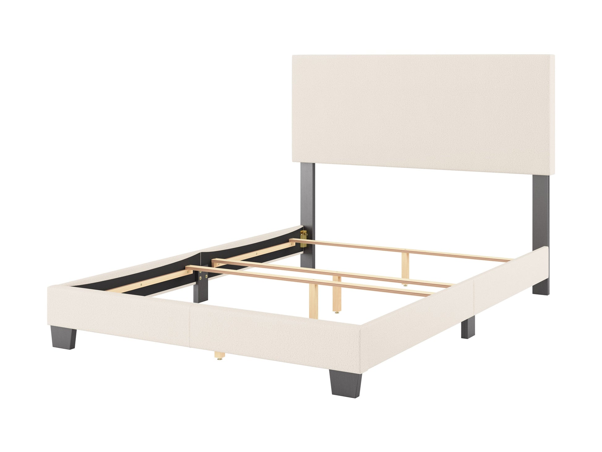 Cream boucle double/full bed with wooden legs, tufted headboard, and soft textured fabric, ideal for modern bedroom decor.