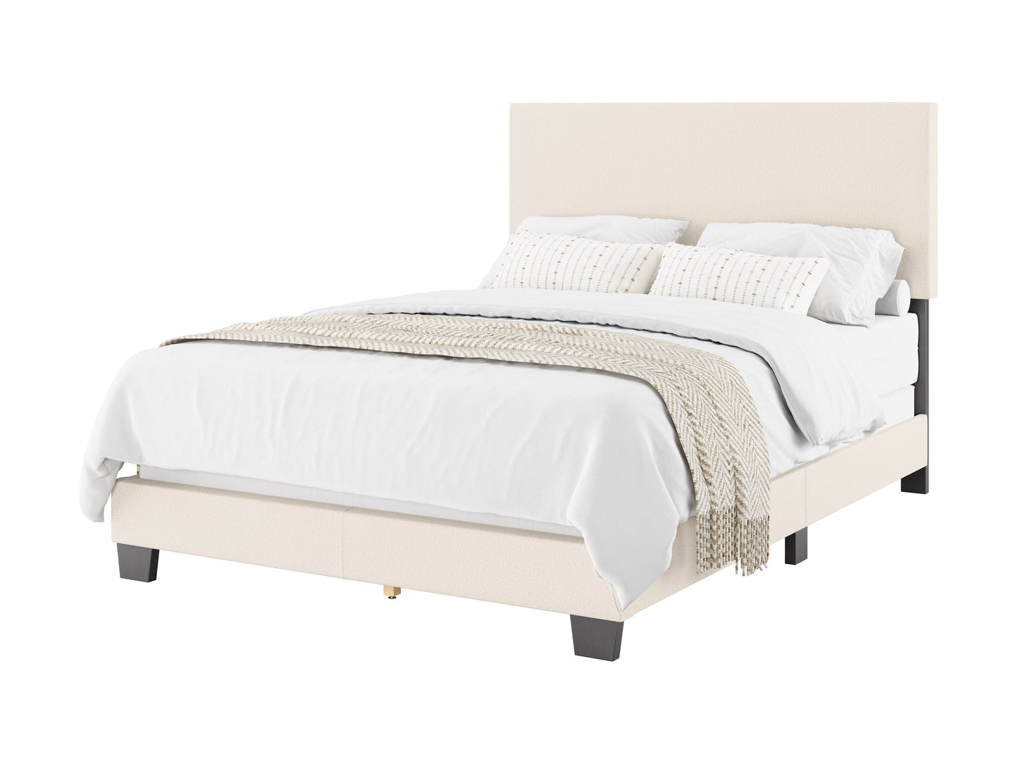 Cream boucle double/full bed with wooden legs, tufted headboard, and soft textured fabric, ideal for modern bedroom decor.
