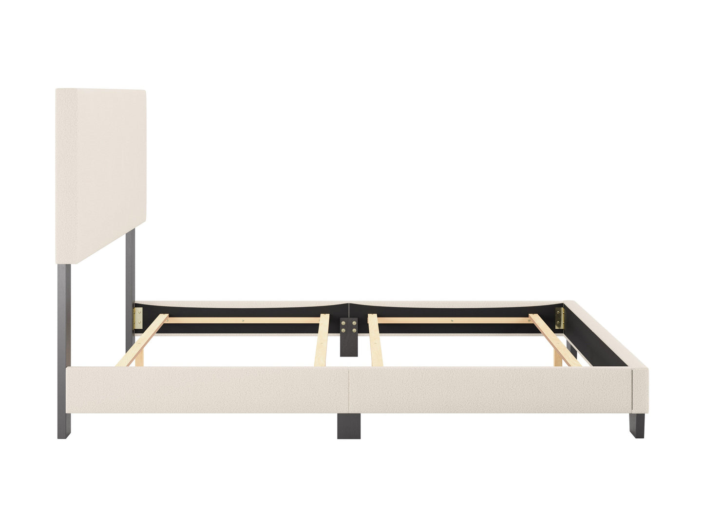 Cream boucle double/full bed with wooden legs, tufted headboard, and soft textured fabric, ideal for modern bedroom decor.