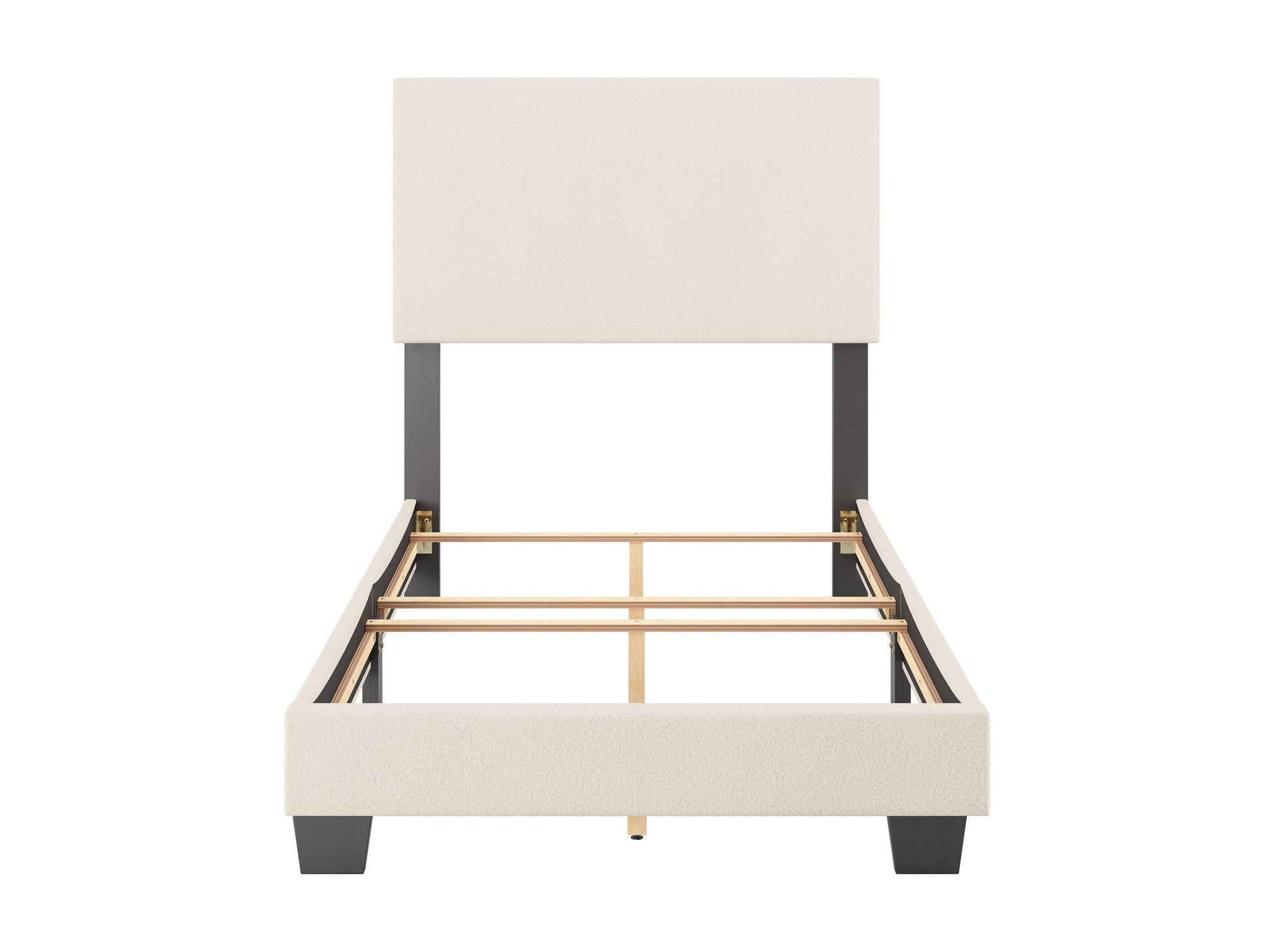 Cream boucle twin single bed with wooden legs, featuring a soft, textured boucle fabric, minimalist design, and sturdy construction. Ideal for modern bedrooms, this cozy bed combines comfort and style.