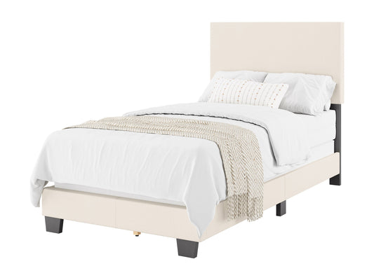 Cream boucle twin single bed with wooden legs, featuring a soft, textured boucle fabric, minimalist design, and sturdy construction. Ideal for modern bedrooms, this cozy bed combines comfort and style.