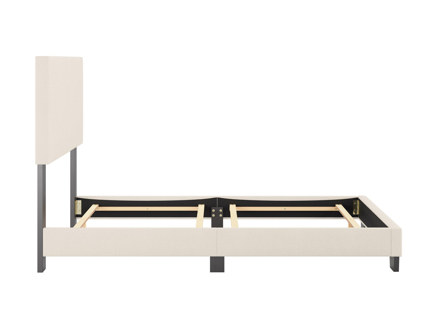 Cream boucle twin single bed with wooden legs, featuring a soft, textured boucle fabric, minimalist design, and sturdy construction. Ideal for modern bedrooms, this cozy bed combines comfort and style.