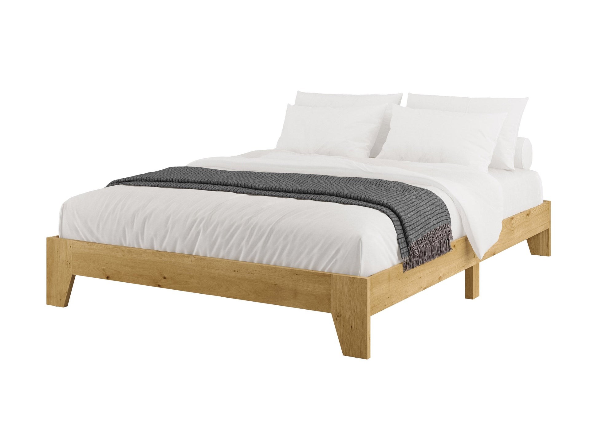 Modern queen platform bed with a sleek dark wood frame, upholstered headboard in light gray fabric, and minimalist design. Ideal for contemporary bedrooms, featuring sturdy construction and under-bed storage space.