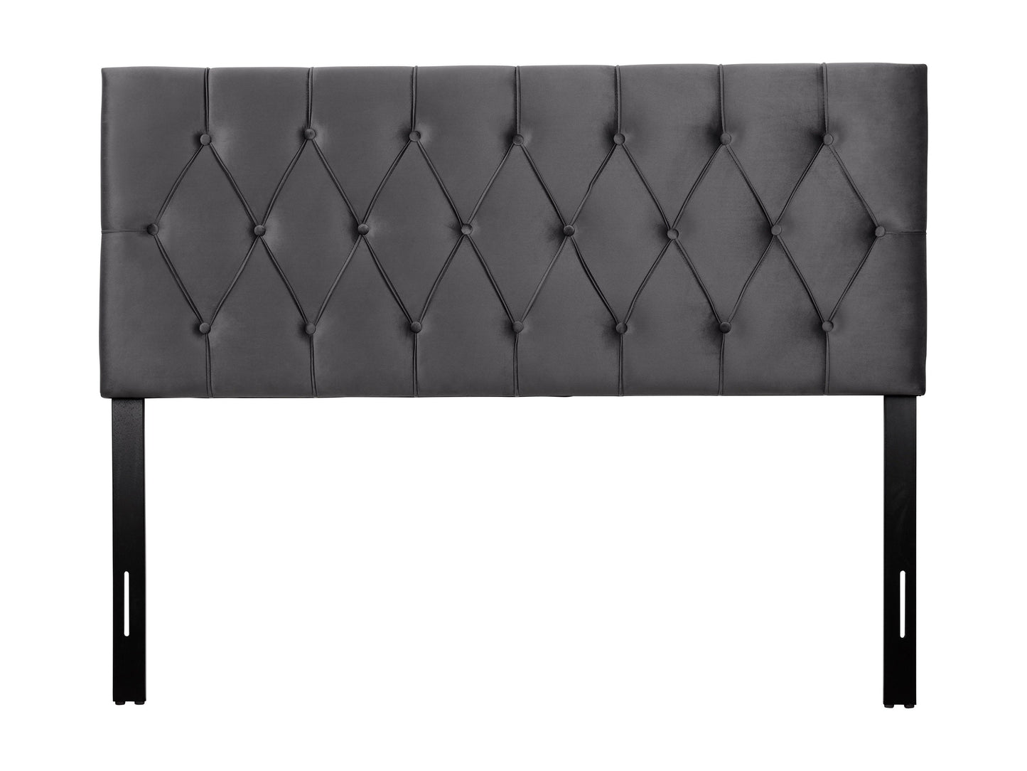 Dark grey velvet queen-sized headboard with tufted design, soft texture, and elegant stitching. Perfect for modern bedroom decor, offering both style and comfort.