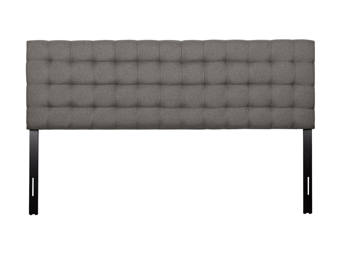 Grey king-size modern headboard with clean lines, upholstered in soft fabric, featuring tufted detailing and a minimalist design, perfect for contemporary bedroom decor.