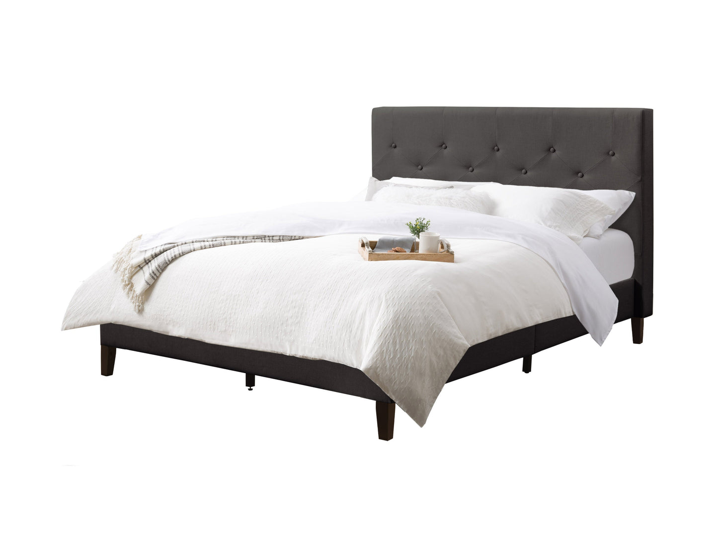 Dark grey button tufted double/full bed with a plush headboard, elegant diamond stitching, and sturdy wooden legs designed for modern bedroom decor.