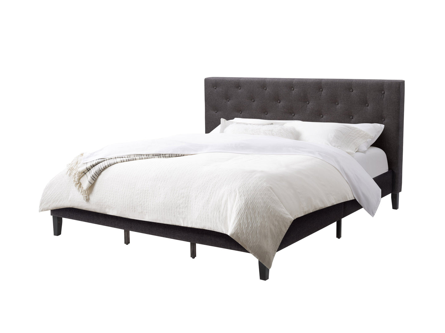Dark grey button tufted king bed with upholstered headboard, elegant design, and sturdy wooden legs. Perfect for modern bedrooms, offering comfort and style.