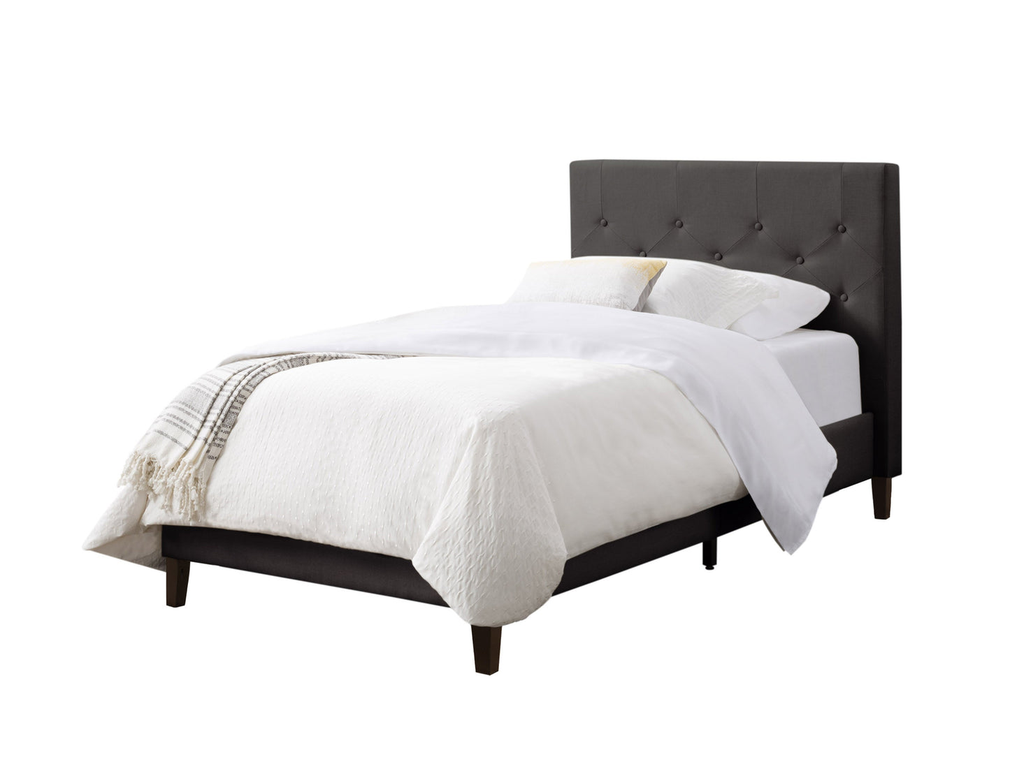 Dark grey button-tufted twin bed with upholstered headboard, sleek wooden legs, and a modern design, perfect for stylish and comfortable bedroom decor.